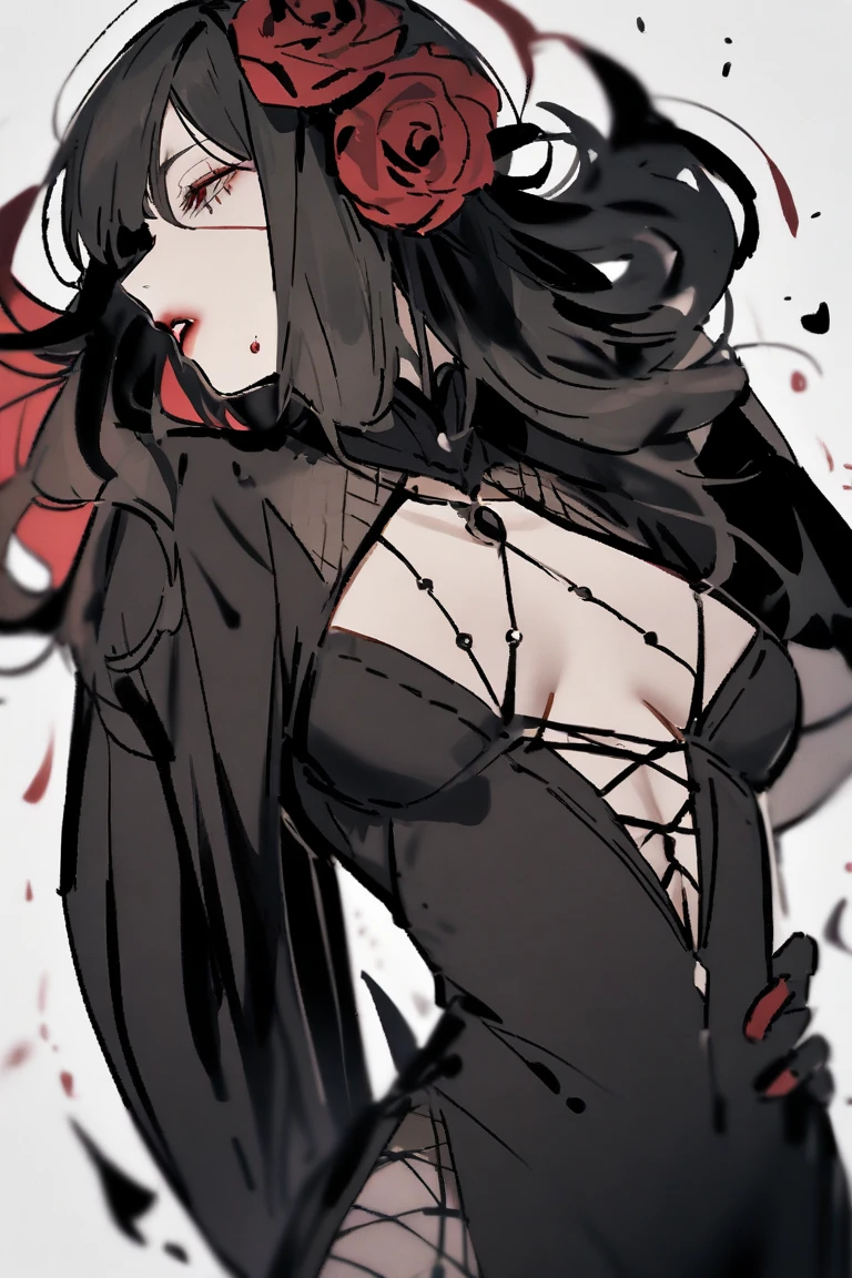 a voluptuous vampire with pale skin, red eyes, and sharp fangs, (best quality,4k,8k,highres,masterpiece:1.2),ultra-detailed,(realistic,photorealistic,photo-realistic:1.37),extremely detailed eyes and face, longeyelashes, dramatic lighting, dark and moody color palette, gothic fantasy, cinematic composition