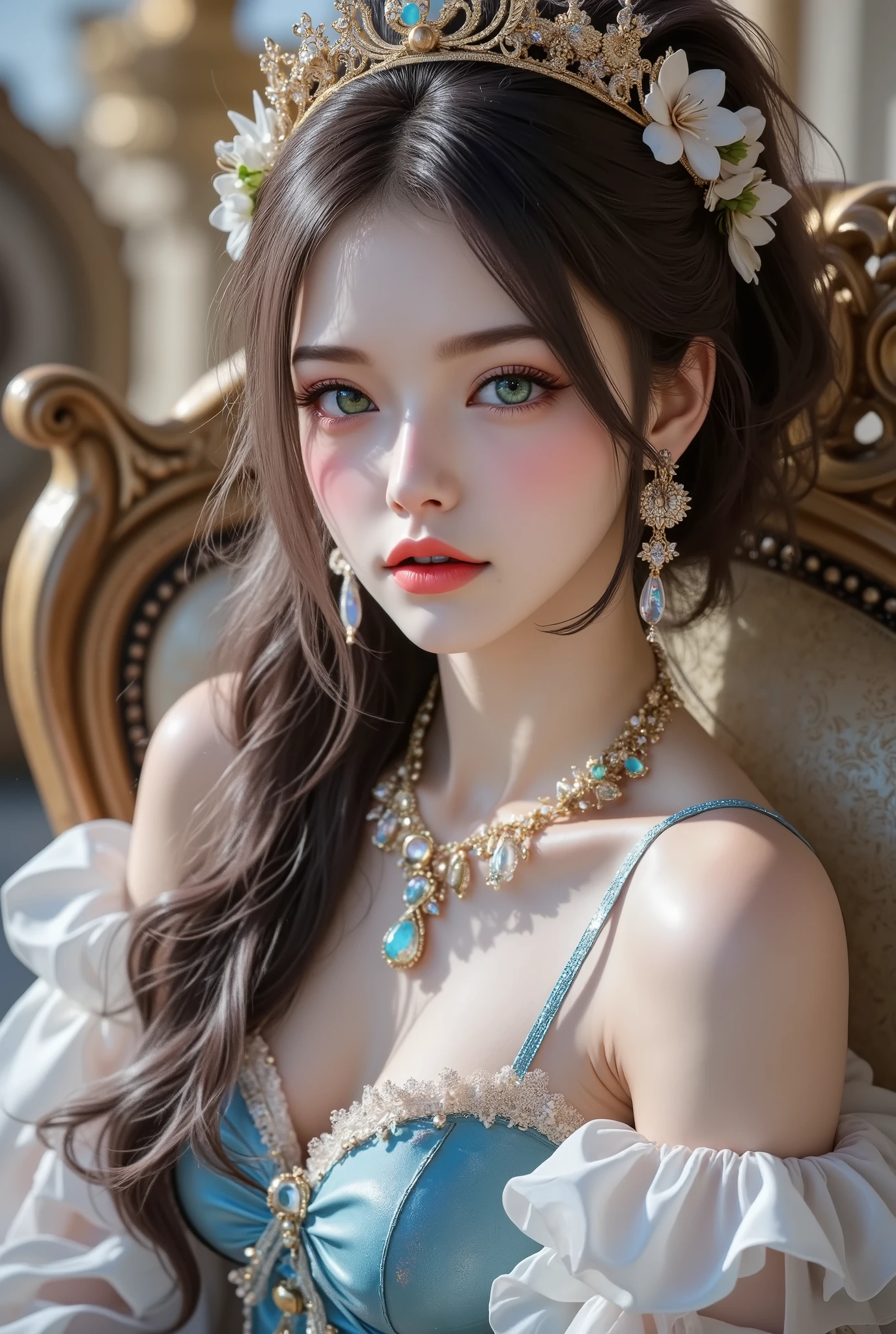  [Style: - "8k, masterpiece, realistic, Photorealistic realism, Hyper high resolution" - "highest quality, intricate ultra-detailed digital art"] (Key Directive: - "The priority is the anatomical accuracy and texture of the materials" - "Ultra-sharp human eyes with biological accuracy") {Character: "a beautiful girl, [((firm and full breasts:1.35))]" | Face: "[[full lips, pink lipstick, intense gaze]]" | Eyes: - "((sharp focus, no blurry eyes, Hyper absurd quality, Hyper details, Hyper realistic green eyes:1.3))" ((full body shot:1.3)),,Marie Antoinette, Sit in an upscale chair, puts his hand on his knee,Please open your mouth slightly,(white,pale,smooth,silky,shiny),long hair, wavy hair, [dress in Baroque style],(palete colors include blue:1.5, and white: 1.22,(Rococo dress with ruffles and long sleeves:1.22), intricately detailed:1.35), ((Now her CURLY HEBAN hair reaches down to her waist. Color gradation of pink and three, pale pink)). Matching earrings, choker with white flowers. ((She wears a pink top with white stripes with ruffles trimmed with gold buttons, white rosebud sleeves:1.25))... (with a purple ribbon flowing from her chest:1.2)..., tied at the back of the neck, matching the chest area, Decorated with flowers. her ruffled skirt is separated by a white line, her dress with a ((large purple ribbon)). Decorated with gold. There is a small ribbon on the back. She was wearing a ((Gold Tiara)) with floral embellishments .,small round head,((anatomically correct)),slim-muscled body,narrow waist, long legs,Long_blue_eyeliner :1.28, red_lipstick:1.35,(perfect dark_eyeshadows:1.45), (super detailed professional makeup on eyes:1.3),(rainbow light :1.4),(Inside Victoria Palace)} (Rendering engine: "Unreal Engine 5 path tracing, 16K texture maps") | The ultra-Highres,Unreal 5,Subsurface scattering,PBR Texturing,Post-Processing,Anisotropic Filtering,depth of fields,Maximum Sharpness and Sharpness,multi-layered texture,Albedo and Specular maps,Surface Shading