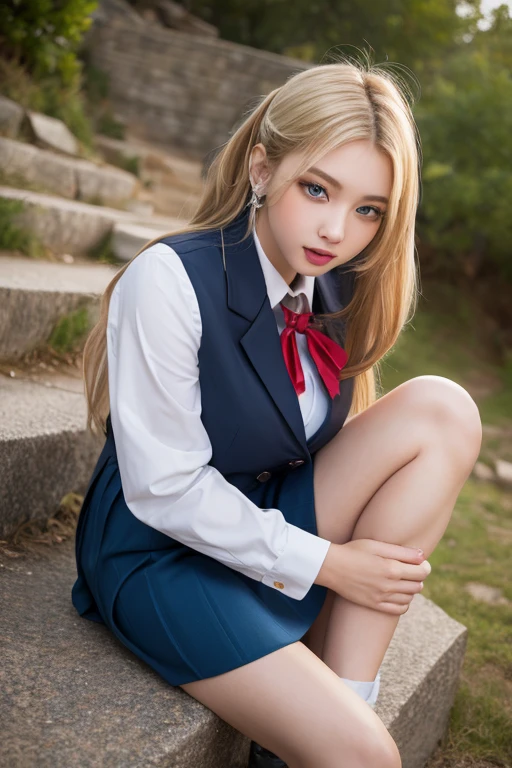 1girl, ((Blue Eyes)), Seductive face, ((Sana Minatozaki)), wide hips, Big Boobs, big ass, (Best Quality, 8k, Masterpiece: 1.3)) ) , Clear Focus: 1.2, Perfect Body Beauty : 1.4, Slender Abs: 1.2, Wet Body: 1.5, Highly detailed face and skin texture, detailed eyes, double eyelids, (long blonde hair), (Blazer uniform brown), (school shirt), (plaid skirt), (tie black), (thigh high cover stockings), squatting, open legs