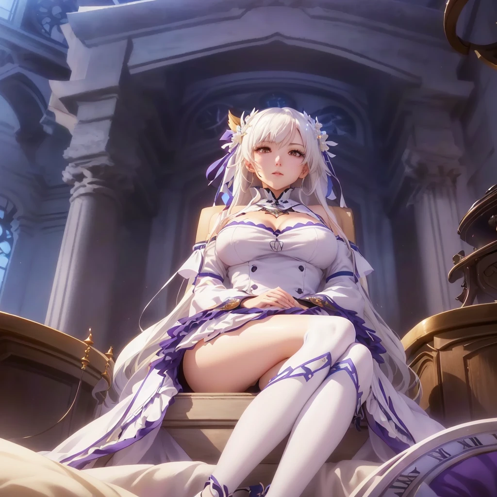 There is a woman sitting on a chair in the room, seductive anime girls, beautiful attractive anime woman, guweiz on artstation pixiv, anime goddess, guweiz on pixiv artstation, Squatting anime beauty, Popular topics on cgstation, A masterpiece by Guvitz, Anime Barbie wearing white stockings, elegant cinematic pose, 8K high quality detail art