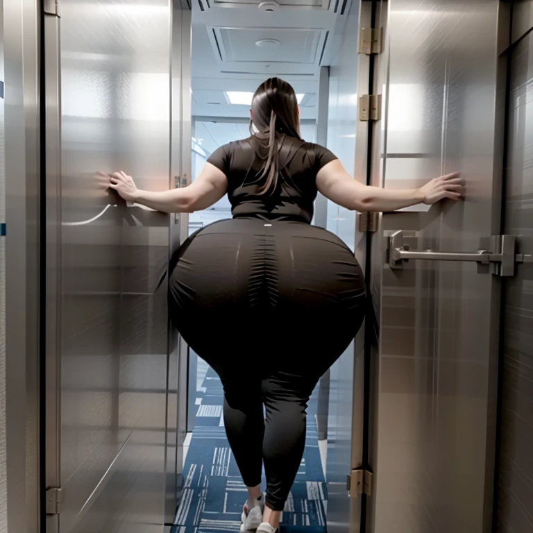 tall fat xxapple girl bumping her huge butt in a sexy cocktail dress with leggings, trying to squeeze out of a tiny door in the elevator at the office, she is too round and swelled up, she is stuck tight