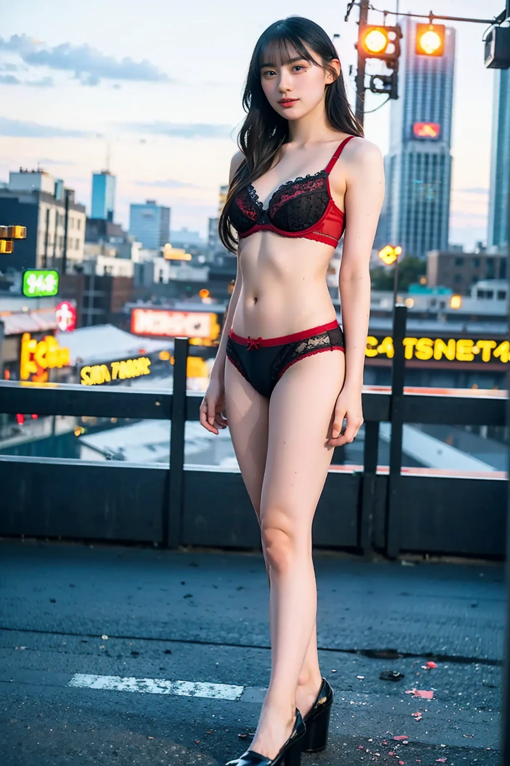 (8k, RAW photo, best quality, masterpiece: 1.2), (realistic, photorealistic: 1.37), 1 girl, Japan, 40s,, cityscape, night, professional lighting, photon mapping, radiosity, ripped, big, bright red see-through and very small bra, tip sticking out, areola protruding, pubic shape clearly visible, gal , Lots of lashes, lame eyelids, bright red lips, black heels, pubic hair, bristles on the lower abdomen, slender, crotch open, are big and seem to spill out of the bra
