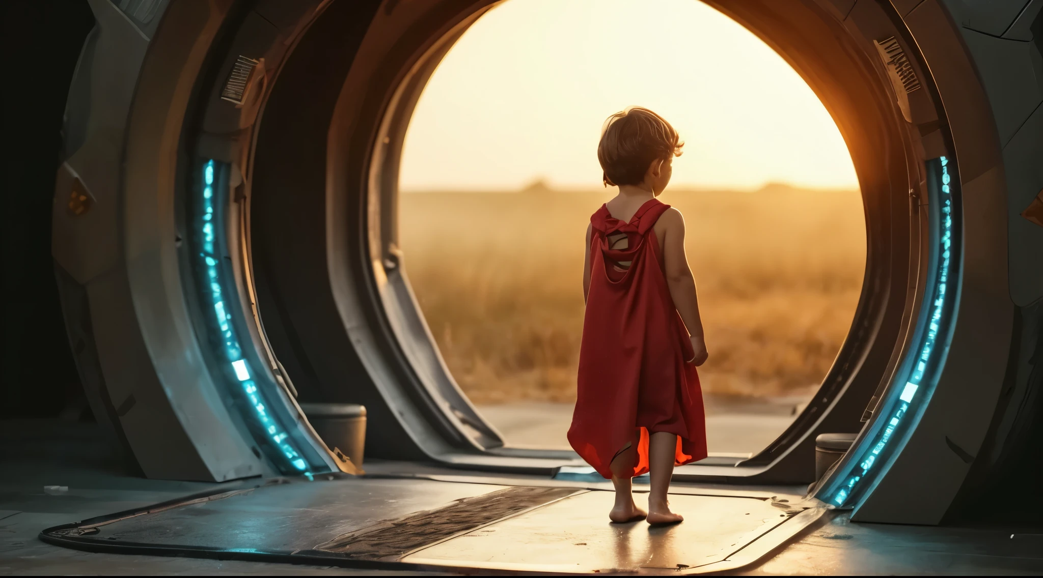 A cinematic scene of a young  boy with light skin and short black hair, stepping out of a futuristic spaceship. The  is wearing only a red cloth wrapped securely around his waist, leaving his upper body completely exposed. The spacecraft's interior is sleek and futuristic, with curved metallic walls and soft ambient lighting. The open doorway reveals a long, circular corridor stretching into the background, lined with smooth, high-tech surfaces. The boy has a cautious yet curious expression as he takes slow steps forward, his small bare feet touching the cold metal floor. The camera captures him from the front as he exits, with the background slightly blurred to emphasize his movement. The scene has a dramatic atmosphere, with a subtle mist in the air and faint blue lights illuminating the passage behind him."