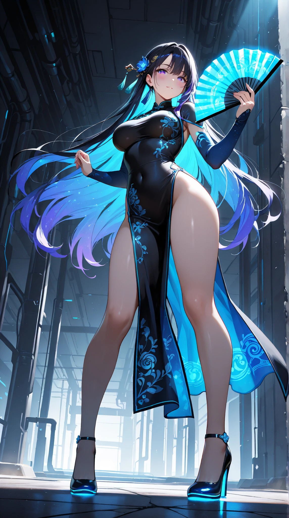 The whole body is covered with blue liquid,exposing her chest,Blue liquid,Beautuful Women,high-heels,blacksilk,Purple eye,are standing,Raised sexy,Cocked buttocks,Long-legged beauty,Thin leg,Mucus gets into the butt