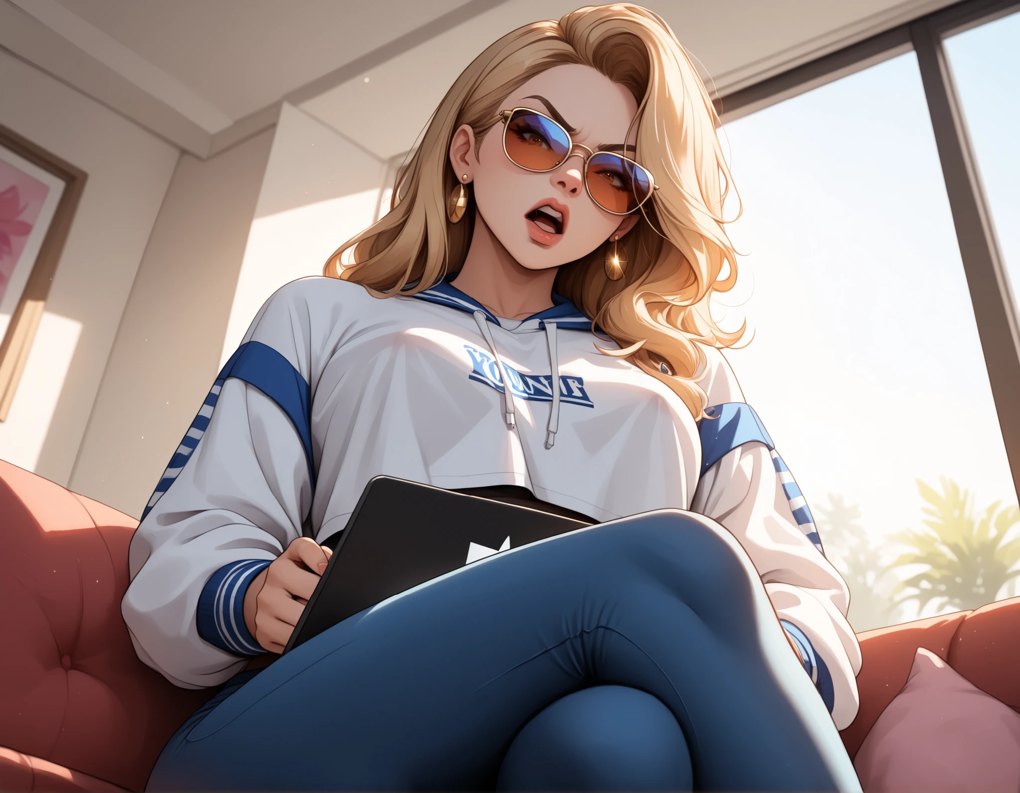 modern_apartment_interior, soft ambient light, plush_sofa, natural_light_through_windows, 1girl, solo, solo_focus,  sitting, laptop_on_lap, crossed_legs, long_hair, blonde_hair, pink_highlights, gradient_tinted_sunglasses_pushed_up, crop_top, varsity_jacket, pristine_white_top, tight_fit, stylish_pants, gold_earrings, (angry), glaring, (looking_at_viewer:1.3), (head_tilt), tense_shoulders, slightly_open_mouth, intense_eyes, (detailed_face:1.3), (sharp jawline), (high nose bridge), (pouty lips), full lips, soft skin, glowing_skin, refined_cheekbones, arched_eyebrows, visible_philtrum, (cowboy_shot), (from_below:1.5), (cinematic lighting),(sitting_on_couch), holding_laptop,  (volumetric_lighting), rim light, soft shadows, ((forced_perspective)), (Diminishing scale perspective:1.3), (masterpiece:1.2), (best quality:1.2), ultra detailed, 8k, watercolor, (lora:Yandere Queen:0.85), (lora:SDXL high detailed. LoRA_SDXL_ARW_0010:0.75), (lora:Waifu Eyes:0.5), (lora:NKxXmo's Shaded Face:0.5), (lora:NoobAI-XL Detailer:0.6), (lora:Detail Tweaker:0.65)
