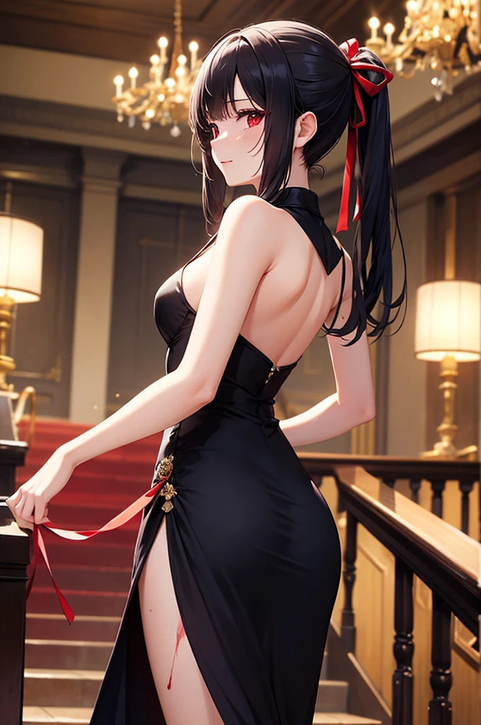 best quality, incredibly absurdres, extremely detailed, 2.5D, delicate and dynamic, beautiful woman, hair tied up, gorgeous and glamorous black evening dress, red lines, shiny satin fabric, lace, embroidery, robes, shawls, accessories, background aristocratic social setting