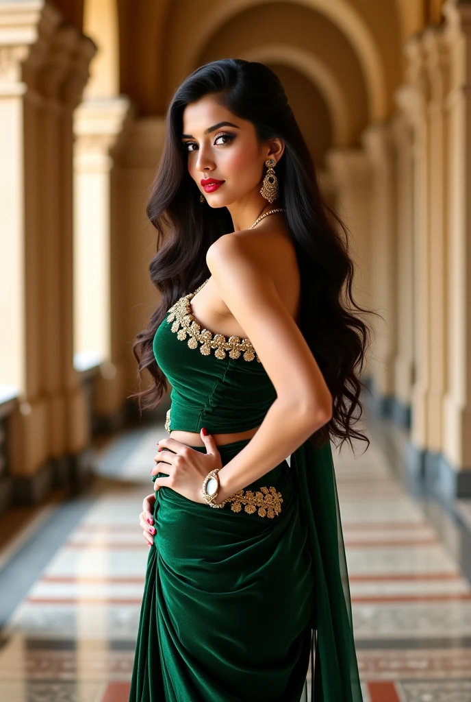 half body portrait of A confident-looking indian woman princess with long flowing hair, hazel eyes, with blue green copper brown saree, a smile on the face, royal and lusty look, red bindi, standing in cricket stadium, huge breast, perfect composition, hyper realistic, super detailed, 8k, high quality, trending art, trending on artstation, sharp focus, sexy photo, intricate details, highly detailed, art by Greg Rutkowski