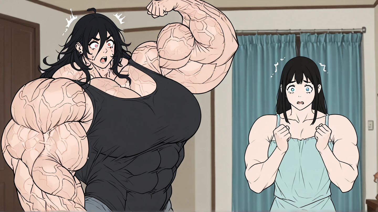 Woman in black bikini and small man in white shirt, weak and small man, thin and small physique, Very beauthful. , ,weak and defenseless man, small physique, , muscular ultraviolent woman, muscular and scary, absurdly huge physique, big muscles, extremely muscular woman,