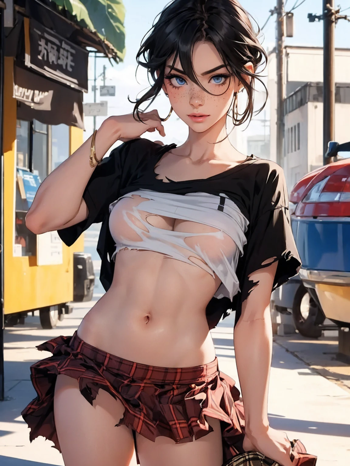 (NSFW: 1.6), ((small breasts, tomboyish girls,cute, sexy:1.5)), (sexy abdomen: 1.1), (perfect body: 1.1), (short wavy hair: 1.2), (uncovered), ((erect nipples)), red hair, full body photo, busy street, wet body, (wearing see-through white tank top with super thin fabric: 1.5), (transparent:1.6), (spilling breast:1.6), (spilling  pussy:1.6), gold necklace, (torn clothes) ((torn jean shorts, zipper fully open, lowered:1.6)), ((visible pubic hair)), ((sitting on the sidewalk)), (extremely detailed CG 8k wallpaper), (an extremely delicate and beautiful masterpiece), (best quality: 1.0), (high resolution: 1.0), beautiful lighting, perfect lighting, realistic shadows, rainy, [highres], detailed skin, ultra-detailed