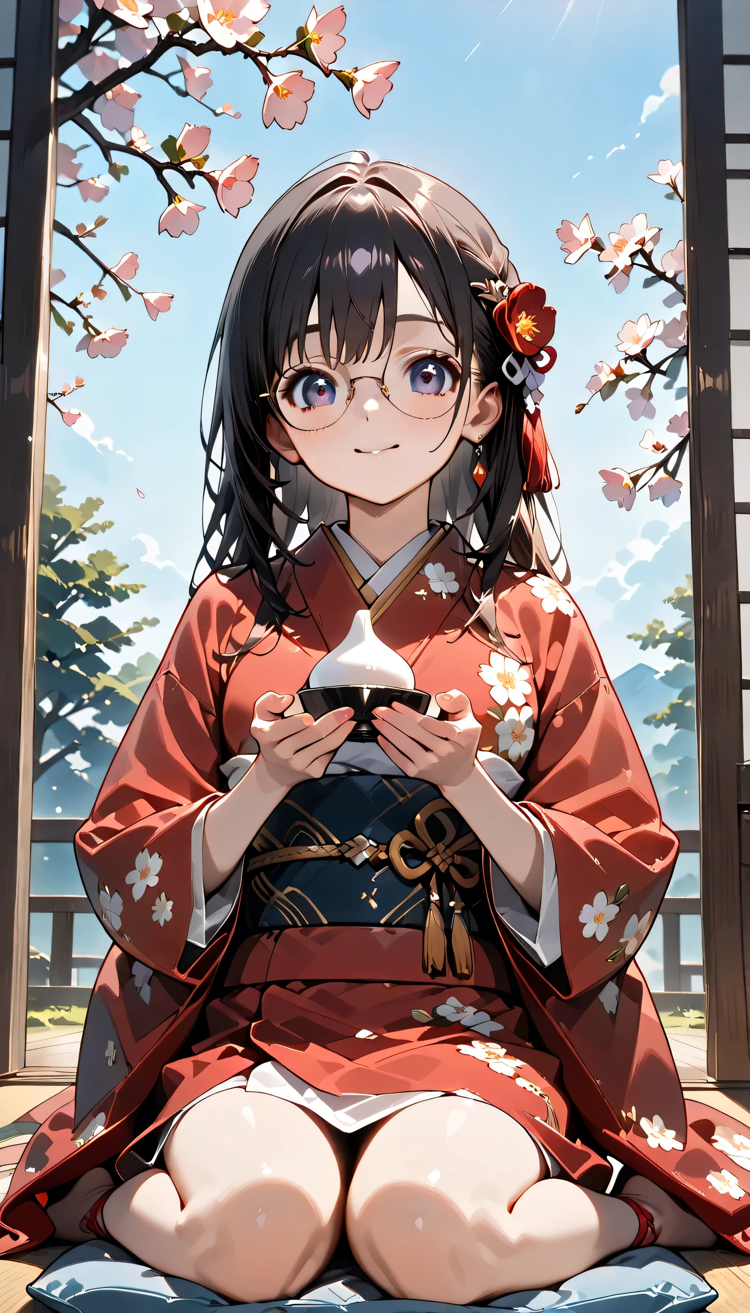 ((ultra-detailed)), (highly detailed CG illustration), (best quality:1.2), ultra-highly detailed, colorful composition, artistic photoshoot, 1girl, solo focus, ((upper body:1.4)), Japanese moe anime character, girl, dainty facial structure, (baby face), (round face), ((rounded chin:1.2)), ((ideal ratio body proportions)), thick eyebrows, half updo, Sagging eyes, long hair, ((black hair:1.3)), brown eyes, ((wearing glasses:1.4)), ((round eyewear:1.4)), ((g-boston19A:1.4)), ((glasses:1.4)), ((smile:1.3)), ((happy:1.3)), ((joyful:1.3)), ((blush:1.3)), ((eating mochi:1.3)), ((mochi are threaded)), ((Soft mochi)), ((biggest mochi:1.3)), ((delicious:1.3)), ((pink ankle-length long furisode costume with gorgeous floral pattern:1.3)), ((red obi with golden decorations)), ((red Japanese ornate hairpin with golden decoration)), ample breasts, ((wariza)), ((seiza)), ((Sitting with a cushion on top of the tatami)), ((Japanese-style room with a view of the garden)), beautiful detailed sky, cherry blossom petals, cherry trees, row of cherry trees, breeze, petals dancing, low angle, expecting, pink cheek, blush, light pink gloss slip, portrait, depth of field, soft lighting, sidelighting, (shine), lighting, caustics, ray tracing, smile, perfect face, lustrous skin, highly  detailed face, highly detailed eyes, perfect face, perfect nose, perfect hair, perfect eyes, perfect anatomy, beautiful hair, beautiful small face, extremely detailed face, beautiful detailed eyes, beautiful clavicle, beautiful body,  beautiful fingers, 4 fingers, 1 thumb, lovely, (very detailed background:1.0), (highly detailed background:1.0), spring aesthetic, intricate details, solemn serene and respectful atmosphere, spring colors palette, chromatic aberration