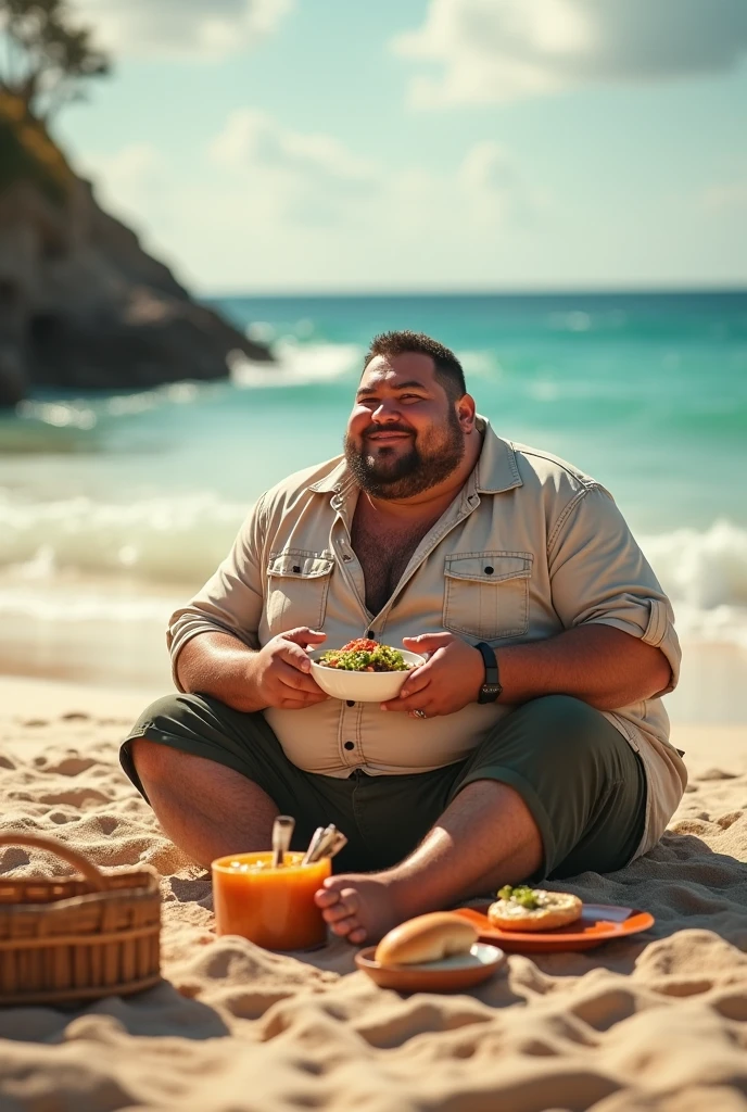 Significantly Obese Mark Zuckerberg on a beach, surrounded by an assortment of seafood skewers. Show him relishing the flavors and textures of the skewers while his belly grows larger. Capture the vibrant beach atmosphere and the enjoyment he derives from the indulgent feast