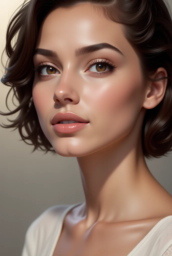 Skin Tight Black Top:1.2、look at viewer、cinematic lighting、perfect、soft light、High resolution skin:1.2、realistic skin texture、30 year old mature woman、small face、no makeup、off shoulder、Bust B Cup、 small breasts、Detailed beautiful eyes、short hair、dark brown hair、full nude、gray background、
