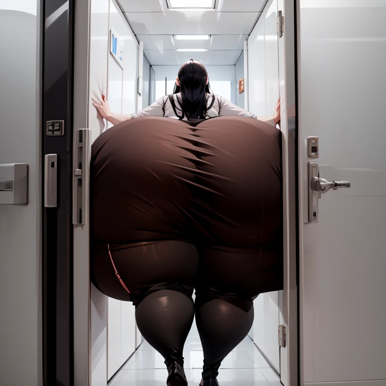 A chubby middle-aged businesswoman, CEO, business lady, boss lady, with very thick glasses stands naked in her bathroom. She spreads her fat legs and looks down in a humiliating way. Her natural breasts are huge. Sie ist dominant und selbstbewusst. Ihre Schenkel sind riesig. Sie schaut mit einem Ausdruck der Dominanz in ihren Augen herab. Her face is round and chubby as well.