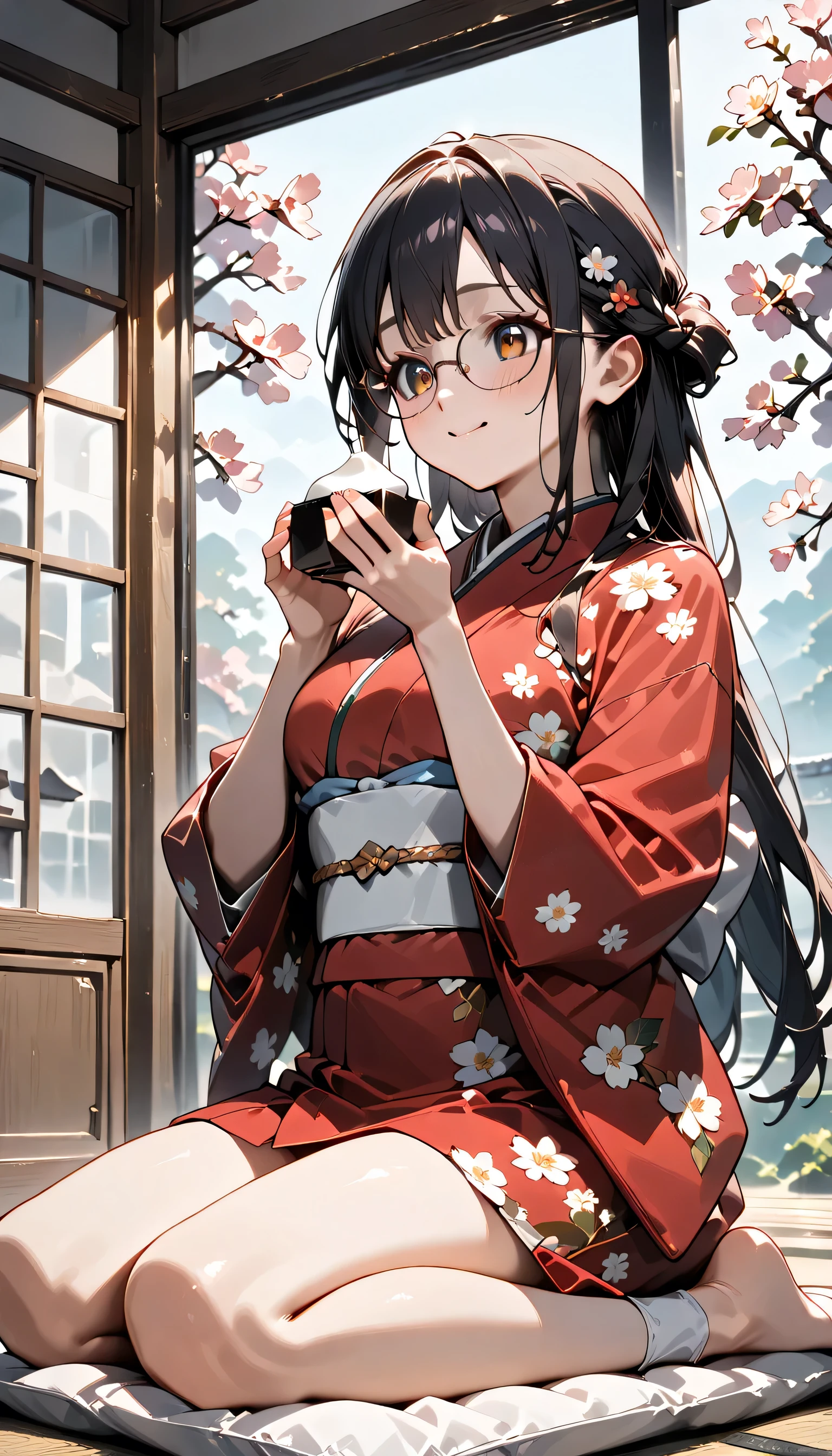 ((ultra-detailed)), (highly detailed CG illustration), (best quality:1.2), ultra-highly detailed, colorful composition, artistic photoshoot, 1girl, solo focus, ((upper body:1.4)), Japanese moe anime character, girl, dainty facial structure, (baby face), (round face), ((rounded chin:1.2)), ((ideal ratio body proportions)), thick eyebrows, half updo, Sagging eyes, long hair, ((black hair:1.3)), brown eyes, ((wearing glasses:1.4)), ((round eyewear:1.4)), ((g-boston19A:1.4)), ((glasses:1.4)), ((smile:1.3)), ((happy:1.3)), ((joyful:1.3)), ((blush:1.3)), ((eating mochi:1.3)), ((mochi are threaded)), ((Soft mochi)), ((most biggest mochi:1.4)), ((delicious:1.3)), ((pink ankle-length long furisode costume with gorgeous floral pattern:1.3)), ((red obi with golden decorations)), ((red Japanese ornate hairpin with golden decoration)), ample breasts, ((wariza)), ((seiza)), ((Sitting with a cushion on top of the tatami)), ((Japanese-style room with a view of the garden)), beautiful detailed sky, cherry blossom petals, cherry trees, row of cherry trees, breeze, petals dancing, low angle, expecting, pink cheek, blush, light pink gloss slip, portrait, depth of field, soft lighting, sidelighting, (shine), lighting, caustics, ray tracing, smile, perfect face, lustrous skin, highly detailed face, highly detailed eyes, perfect face, perfect nose, perfect hair, perfect eyes, perfect anatomy, beautiful hair, beautiful small face, extremely detailed face, beautiful detailed eyes, beautiful clavicle, beautiful body, beautiful fingers, 4 fingers, 1 thumb, lovely, (very detailed background:1.0), (highly detailed background:1.0), spring aesthetic, intricate details, solemn serene and respectful atmosphere, spring colors palette, chromatic aberration