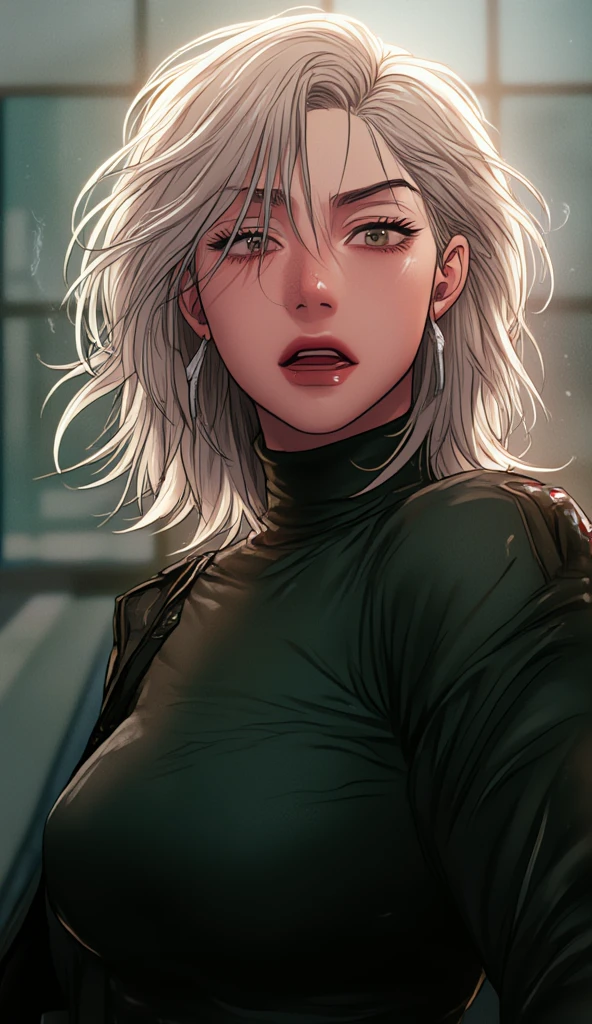 (Dramatic Digital Artwork:1.3) of,(Energetic:1.3) portrait of female (snezanasakovic2:1.1) wearing a dark green turtle neck, style-sylvamagic, fashion girl,CGSociety,ArtStation, bleach hair