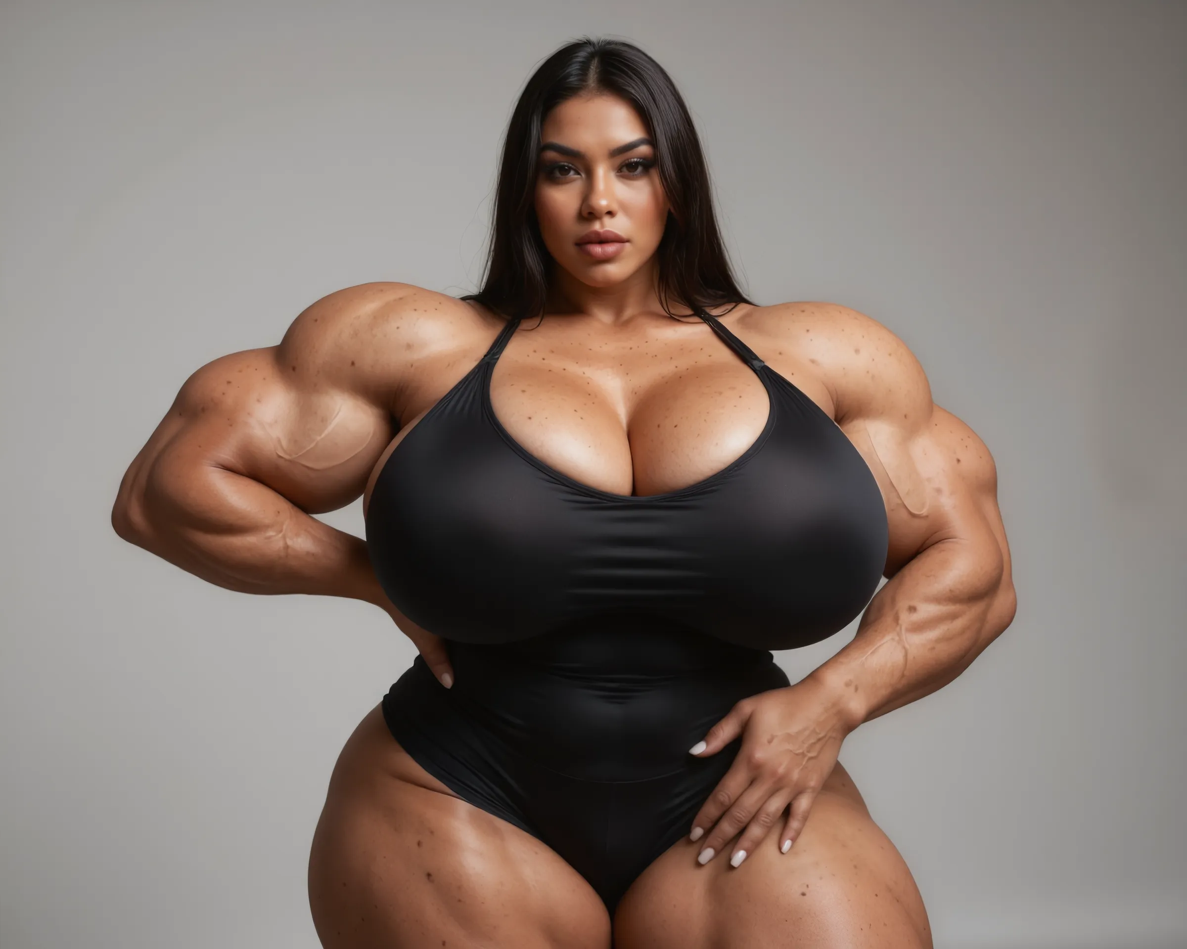 arafa woman posing in a black dress and high heels with a watch in the background, Very beauthful. big muscles, exaggeratedly large physique, huge muscles, huge muscles, muscular girl, muscular ultraviolent woman, big muscles, big muscles, feminine and muscular, powerful and huge, strong and imposing, big muscle, exaggerated physique, muscular and scary