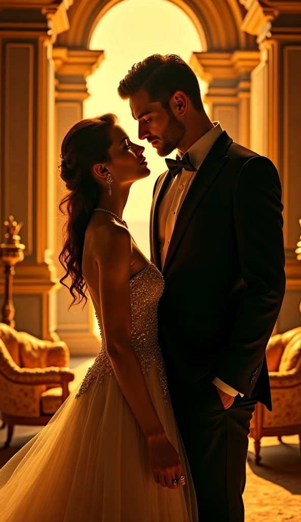 Brown-haired woman lying in the arms of a man in a suit. The woman is wearing a ball gown. The woman is passed out. The atmosphere is an old and chic ballroom.. The man must stand