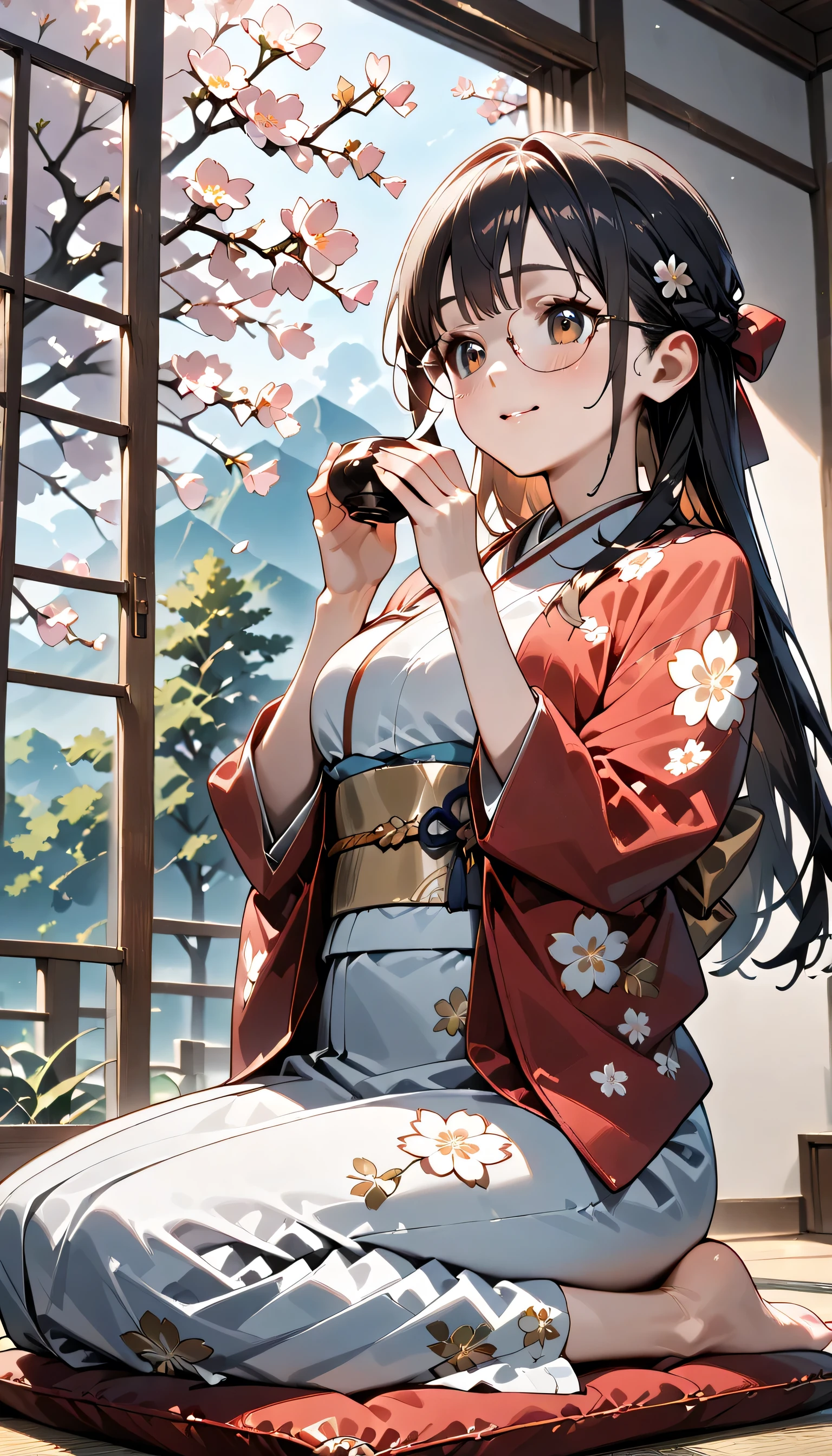((ultra-detailed)), (highly detailed CG illustration), (best quality:1.2), ultra-highly detailed, colorful composition, artistic photoshoot, 1girl, solo focus, ((upper body:1.4)), Japanese moe anime character, girl, dainty facial structure, (baby face), (round face), ((rounded chin:1.2)), ((ideal ratio body proportions)), thick eyebrows, half updo, Sagging eyes, long hair, ((black hair:1.3)), brown eyes, ((wearing glasses:1.4)), ((round eyewear:1.4)), ((g-boston19A:1.4)), ((glasses:1.4)), ((smile:1.3)), ((happy:1.3)), ((joyful:1.3)), ((blush:1.3)), ((eating mochi:1.3)), ((mochi are threaded)), ((Soft mochi)), ((most biggest mochi:1.4)), ((delicious:1.3)), ((pink ankle-length long furisode costume with gorgeous floral pattern:1.3)), ((red obi with golden decorations)), ((red Japanese ornate hairpin with golden decoration)), ample breasts, ((wariza)), ((seiza)), ((Sitting with a cushion on top of the tatami)), ((Japanese-style room with a view of the garden)), beautiful detailed sky, cherry blossom petals, cherry trees, row of cherry trees, breeze, petals dancing, low angle, expecting, pink cheek, blush, light pink gloss slip, portrait, depth of field, soft lighting, sidelighting, (shine), lighting, caustics, ray tracing, smile, perfect face, lustrous skin, highly detailed face, highly detailed eyes, perfect face, perfect nose, perfect hair, perfect eyes, perfect anatomy, beautiful hair, beautiful small face, extremely detailed face, beautiful detailed eyes, beautiful clavicle, beautiful body, beautiful fingers, 4 fingers, 1 thumb, lovely, (very detailed background:1.0), (highly detailed background:1.0), spring aesthetic, intricate details, solemn serene and respectful atmosphere, spring colors palette, chromatic aberration