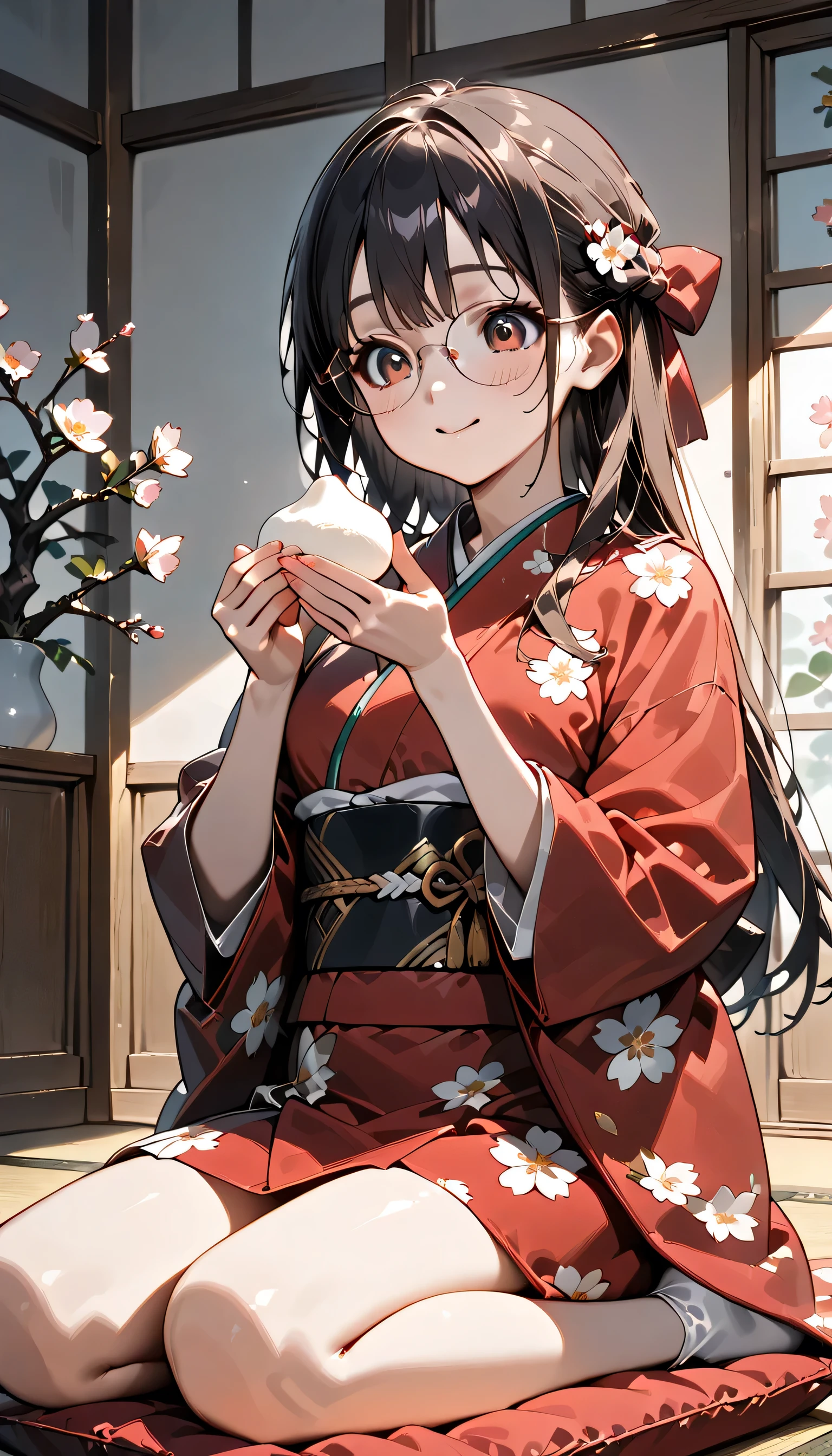((ultra-detailed)), (highly detailed CG illustration), (best quality:1.2), ultra-highly detailed, colorful composition, artistic photoshoot, 1girl, solo focus, ((upper body:1.4)), Japanese moe anime character, girl, dainty facial structure, (baby face), (round face), ((rounded chin:1.2)), ((ideal ratio body proportions)), thick eyebrows, half updo, Sagging eyes, long hair, ((black hair:1.3)), brown eyes, ((wearing glasses:1.4)), ((round eyewear:1.4)), ((g-boston19A:1.4)), ((glasses:1.4)), ((smile:1.3)), ((happy:1.3)), ((joyful:1.3)), ((blush:1.3)), ((eating mochi:1.3)), ((mochi are threaded)), ((Soft mochi)), ((most biggest mochi:1.4)), ((delicious:1.3)), ((pink ankle-length long furisode costume with gorgeous floral pattern:1.3)), ((red obi with golden decorations)), ((red Japanese ornate hairpin with golden decoration)), ample breasts, ((wariza)), ((seiza)), ((Sitting with a cushion on top of the tatami)), ((Japanese-style room with a view of the garden)), beautiful detailed sky, cherry blossom petals, cherry trees, row of cherry trees, breeze, petals dancing, low angle, expecting, pink cheek, blush, light pink gloss slip, portrait, depth of field, soft lighting, sidelighting, (shine), lighting, caustics, ray tracing, smile, perfect face, lustrous skin, highly detailed face, highly detailed eyes, perfect face, perfect nose, perfect hair, perfect eyes, perfect anatomy, beautiful hair, beautiful small face, extremely detailed face, beautiful detailed eyes, beautiful clavicle, beautiful body, beautiful fingers, 4 fingers, 1 thumb, lovely, (very detailed background:1.0), (highly detailed background:1.0), spring aesthetic, intricate details, solemn serene and respectful atmosphere, spring colors palette, chromatic aberration