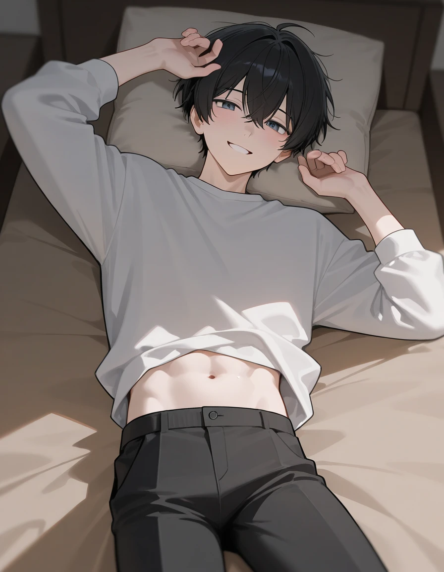 In the darkness of midnight, there is a 14-year-old boy with black hair and a white shirt.
He is fast asleep with his face and navel facing the ceiling.
His head rests on a large pillow.
depth of field.