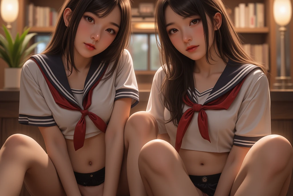 (top-quality、in 8K、32K、masterpiece、超A high resolution、Impresionismo、Photorealsitic:1.2)、Full body, Inside the classroom、Schools、Evening glow、beauitful face、blurry backround、16-year-old beautiful girl、shinny skin、bob cuts、Beautiful black hair、(Katyusha:1.2)、a sailor suit、Pleated miniskirt、Curve、dynamicposes、Smile with open mouth、Two girls, lying on sofa