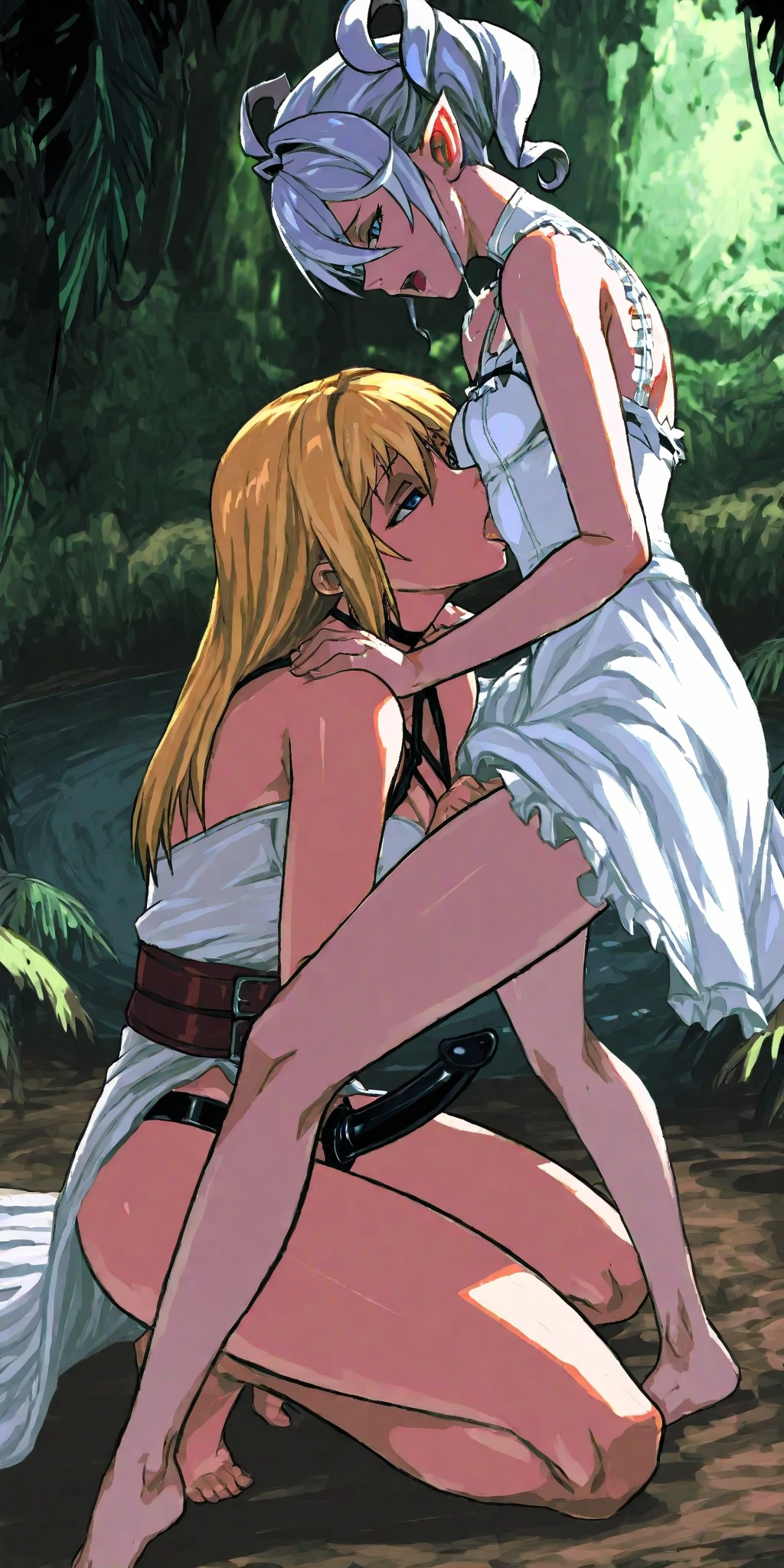 Blonde long hair naked woman with big breasts、Strong naked man、Adam and Eve、Standing in front of a big tree、Big snake on a tree branch、Upper Body、Smiling、Men and women gazing at each other、
