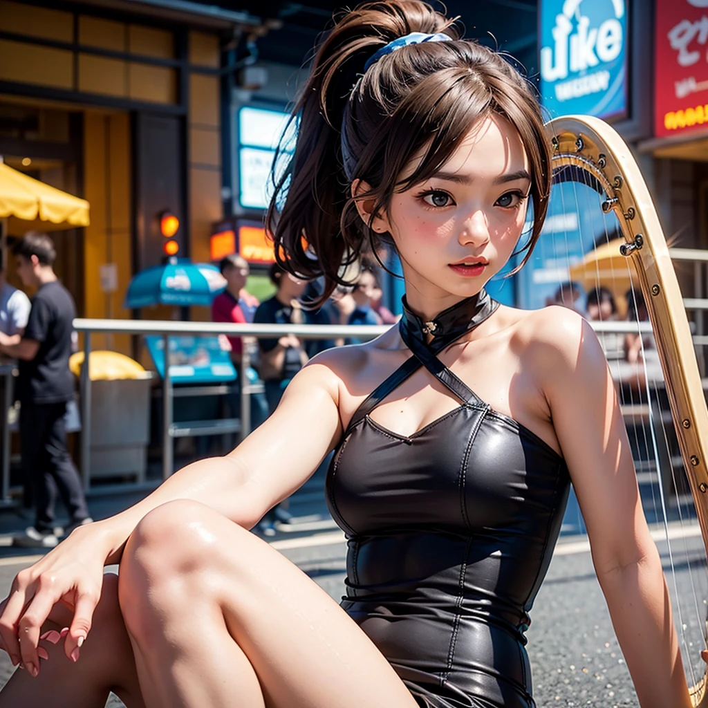 amusement-park,2 people:1.4,20 year old Japanese woman、blush:1.5、is embarrassing:1.4、Blush 1.exy、fishnet-wear:1.8,tights:1.5,(top quality、In 8K、masterpiece:1.2)、embarrassed:1.4、perfect body beauty:1.2、(ponytail:1.3),(light brown hair:1.harp jaw