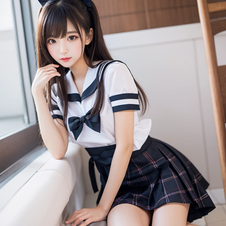 ultra highres,(reality: 1.4),highest quality, masterpiece, high detail, 16K quality, beautiful, 1 beautiful girl,japanese,super beautiful face,baby face,japanese idol face,cute face,super detailed face,detailed hand,beautiful skin,sweaty skin,big eyes,smile,profeccional lighting,ponny tail,brown hair,brown beautiful eyes, sailor uniform,(sitting with knee up),spread legs,((skirt lift)),(((showing white panty))),medium breasts,black high socks,she is looking at the camera,classroom,nsfw,from front,