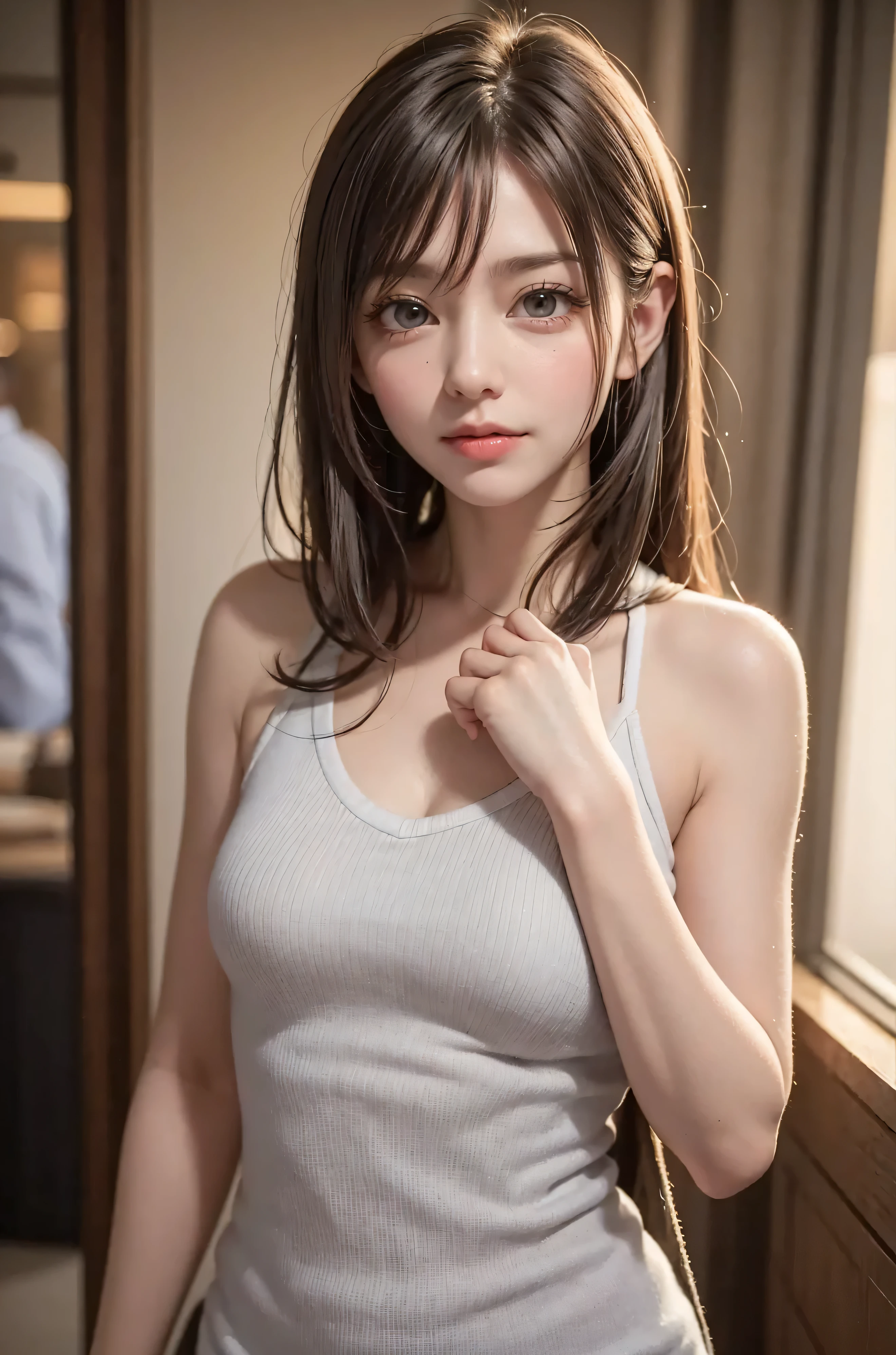 realistic pictures (1 cute korean actress), Tank top, At a ramen shop, smile, canon eos, clear facial features, close-up portrait, Cinematic mode, 8K