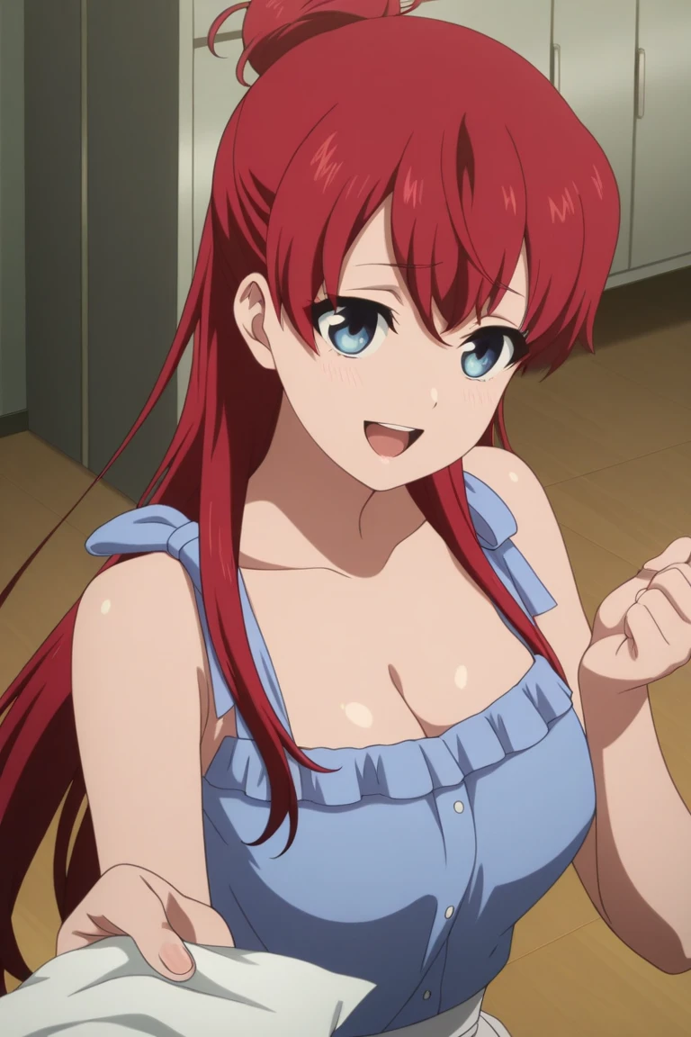 Anime background art, bottom of room, one bed, standing, beautiful anime scenes, 4K anime art wallpaper, 4k anime art wallpaper, Rosla global illumination, anime girl, 1 girl, LORA similar, best quality, detailed, alone, looking at the viewer, mouth closed, smile, long hair, definition in the eye, perfect face, perfect face, perfect hair, Brown hair, blue eyes, costume, blue headphones around his neck, big tits.