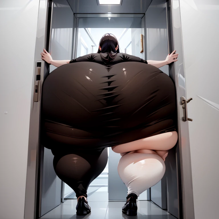 masterpiece, 1girl behind a doorway, from behind, (doorstuck, stuckback:1.3), ssbbw ,huge wide hips, round belly, thick thighs, giant butt,colorful clothing, wearing a olive green suit and tie and formal pants, upset, desperately trying to wiggle through, she tries to free herself but she won't budge, she is stuck tight view from above, she is too wide, the doorway is quite narrow too, she kicks her legs furiously, trying to wiggle her hips through the small door, but its no good, the door is too small, she keeps trying to squeeze through with frustration, she is stuck too tight