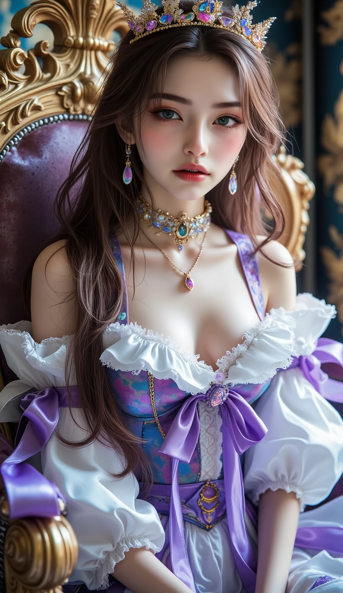  [Style: - "8k, masterpiece, realistic, Photorealistic realism, Hyper high resolution" - "highest quality, intricate ultra-detailed digital art"] (Key Directive: - "The priority is the anatomical accuracy and texture of the materials" - "Ultra-sharp human eyes with biological accuracy") {Character: "a beautiful girl, [((firm and full breasts:1.35))]" | Face: "[[full lips, pink lipstick, intense gaze]]" | Eyes: - "((sharp focus, no blurry eyes, Hyper absurd quality, Hyper details, Hyper realistic green eyes:1.3))" ((full body shot:1.3)),,Marie Antoinette, Sit in an upscale chair, puts his hand on his knee,Please open your mouth slightly,(white,pale,smooth,silky,shiny),long hair, wavy hair, [dress in Baroque style],(palete colors include blue:1.5, and white: 1.22,(Rococo dress with ruffles and long sleeves:1.22), intricately detailed:1.35), ((Now her CURLY HEBAN hair reaches down to her waist. Color gradation of pink and three, pale pink)). Matching earrings, choker with white flowers. ((She wears a pink top with white stripes with ruffles trimmed with gold buttons, white rosebud sleeves:1.25))... (with a purple ribbon flowing from her chest:1.2)..., tied at the back of the neck, matching the chest area, Decorated with flowers. her ruffled skirt is separated by a white line, her dress with a ((large purple ribbon)). Decorated with gold. There is a small ribbon on the back. She was wearing a ((Gold Tiara)) with floral embellishments .,small round head,((anatomically correct)),slim-muscled body,narrow waist, long legs,Long_blue_eyeliner :1.28, red_lipstick:1.35,(perfect dark_eyeshadows:1.45), (super detailed professional makeup on eyes:1.3),(rainbow light :1.48),(Inside Victoria Palace)} (Rendering engine: "Unreal Engine 5 path tracing, 16K texture maps") | The ultra-Highres,Unreal 5,Subsurface scattering,PBR Texturing,Post-Processing,Anisotropic Filtering,depth of fields,Maximum Sharpness and Sharpness,multi-layered texture,Albedo and Specular maps,Surface Shading