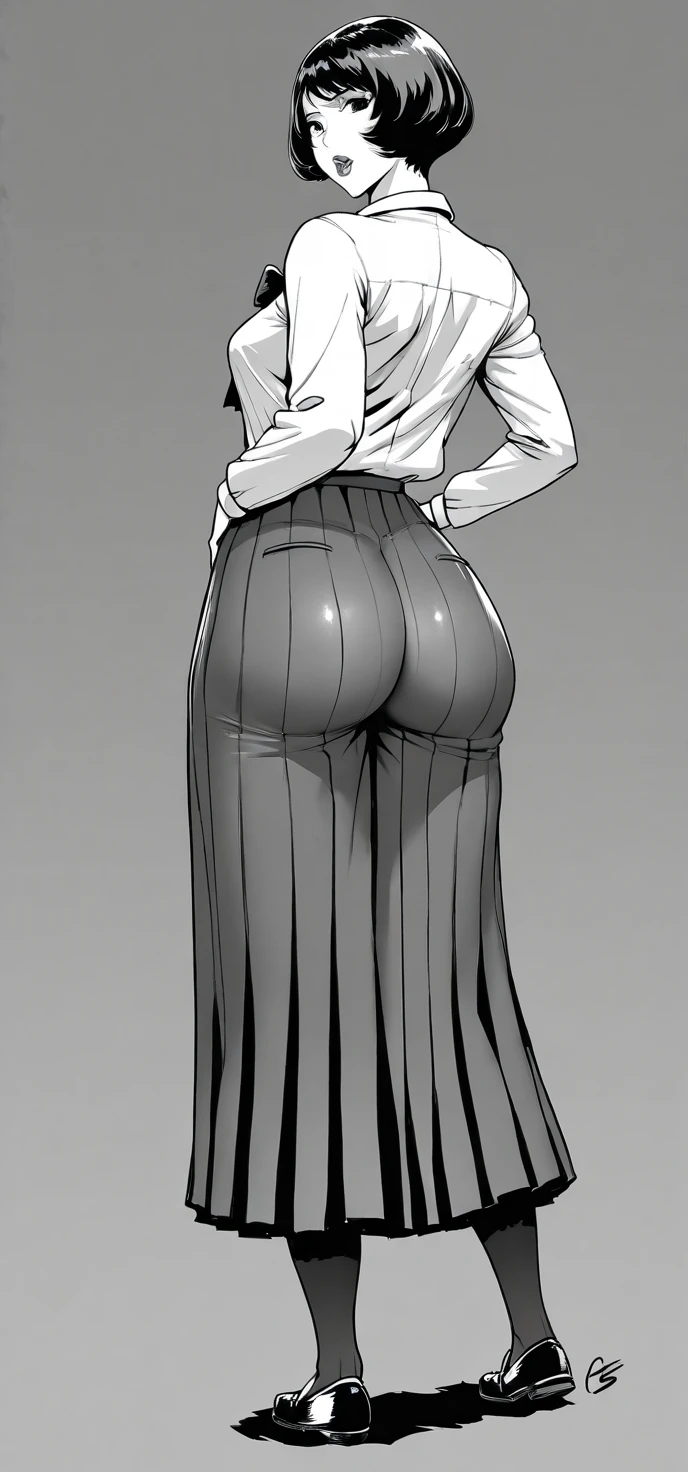 ((Best Quality, 8K, wallpaper, masterpiece: 1.3)), lineart, monochrome, a drawing of a woman in a white dress and heels,  Slim Body Beauty: 1.4, A MILF, Mature, huge stunning goddess shot, the extremely hot and sexy, powerful and huge, jaw dropping beauty, goddess of Japan, very Bigger breasts, Big ass, Super Detailed Face, Double eyelids, woman in suit, jacket and tight skirt, wearing stockings and pumps,  in white clothes, highly detailed full body, full character body, pinup body, 
