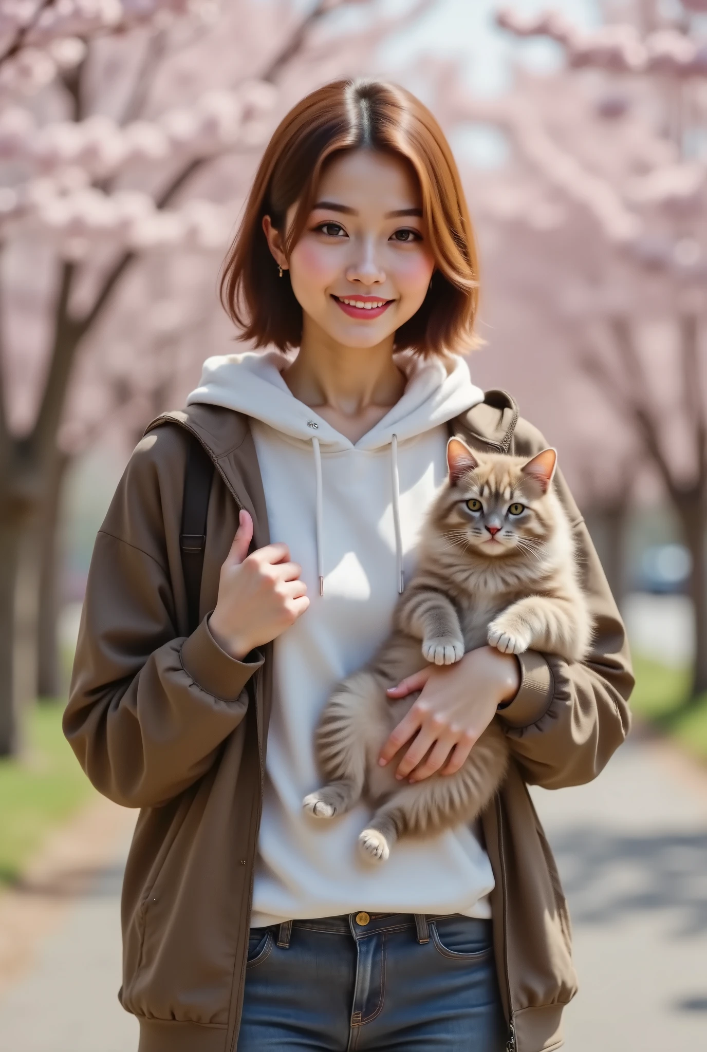 A 20-year-old girl with short, brown hair stands solo, looking directly at the viewer with a warm smile. She's dressed in a white hoodie, denim jeans, and a brown jacket, hood down, cradling a fluffy cat in her arms. The cat's soft fur blends with the vibrant cherry blossoms behind her, while the blurred environment adds depth. Soft natural light enhances her features: bright brown eyes, bold red lips, and a radiant complexion.