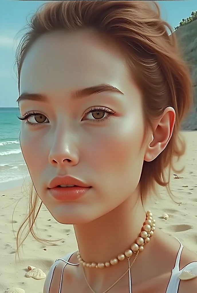 Put this face on a body of a woman on the beach