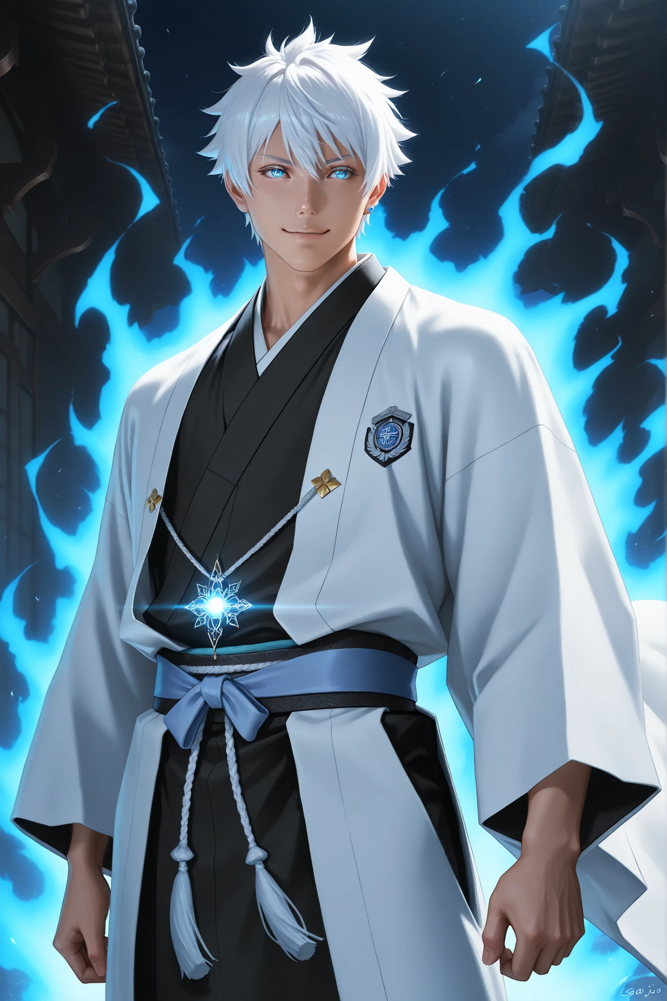 Masterpiece, ultra-detailed, 4K, HD, cinematic lighting, semi-realistic style. Perfect face, perfect hands, perfect posture. ((cowboy shot)), (((Gojo Satoru reimagined as captain of the 5th division))), (((white haori with intricate details))), ((black kimono)). Best quality, semi-realistic aesthetic, harmonious composition, immersive depth, cinematic lighting. 2D semi-realistic, ((solo)), (((1man))), dynamic energy in the air, white hair, blue piercing eyes glowing faintly, slight smirk, ((perfectly masculine features)), aura shimmering with energy, outside