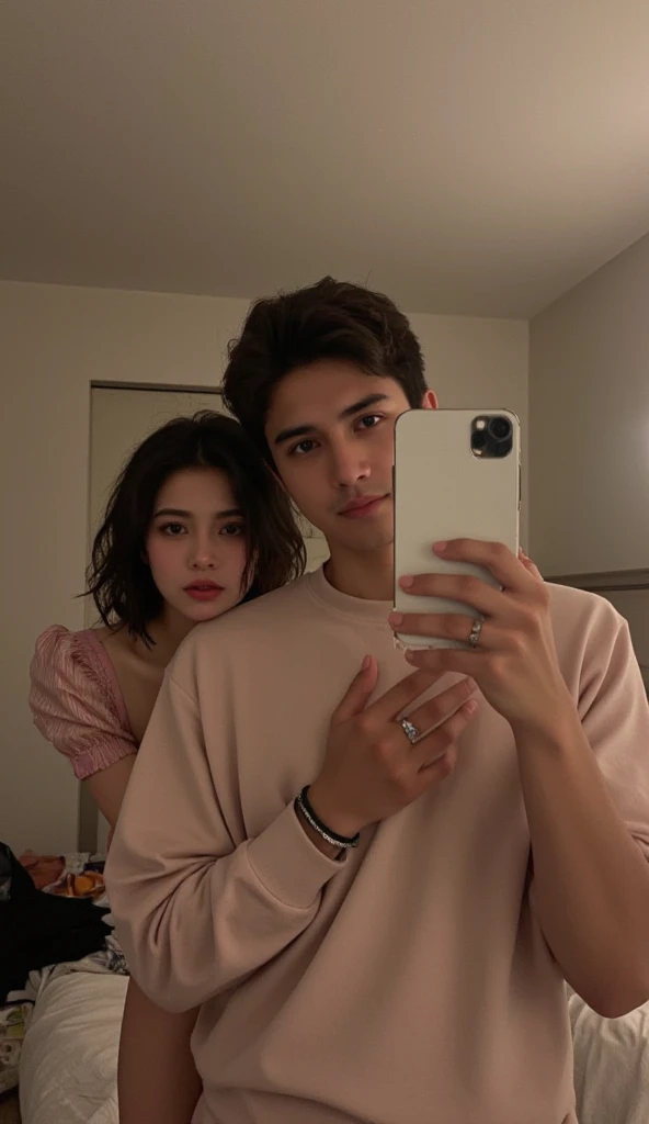 there is a man and woman taking a Selfie together, in love Selfie, grainy monochrome photo, arm around her neck, taken in the early 2020s, grainy Black and white photo, heavy imagem granulada, imagem granulada, they are in love, granulado de baixa qualidade, B&w foto, Selfie!!!!!