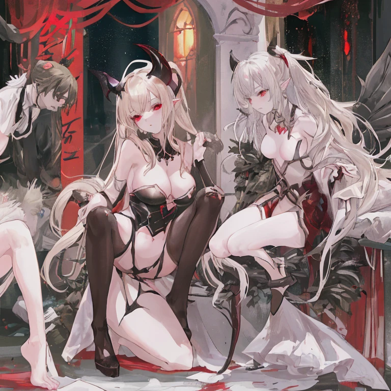 "3 girls, ((Masterpiece)), [Slim], (Small breasts), Pale skin, ((Detailed eyes)), (Background blur), ganyudef white long hair, Red eyes, villainous, Dark theme, [eyes liner], Evil".. Embracing. Profusely Blushing, profusely sweating. Naked Lesbian.  (Groping fondling pulling breasts). Spit. (Bunny suit).  [multiple penetration cream-pie] [stripping of clothes]  {bending over),Kneeling. Heart pupils. . (Cum dripping spread pussy) exposed pussy. Pulling hair, long tongue. Masturbationsex. Open mouth. Crawling. Smut. Erotica. Decapitated. Choking.