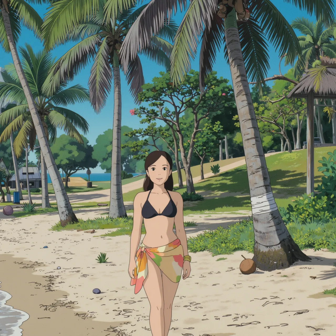 alone in the universe, Paint in watercolor style, Photorealism, discreet golden and ruby and mint shades, (nude) a gentle, modest thin girl of 14 years old with tender nipples walks barefoot in the distance along the coast