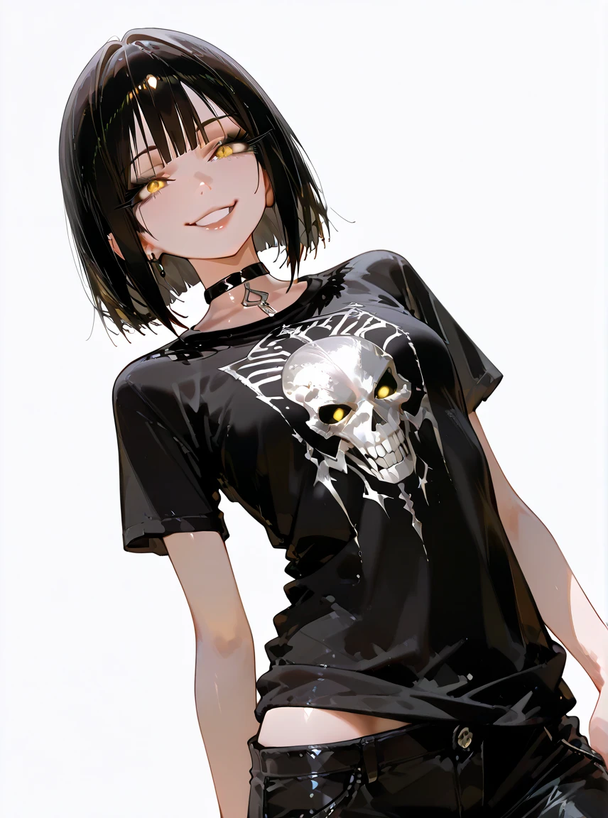 1girl, tomboy, high quality, better render. black nails, black messy short hair, glowing yellow eyes, yandere expression, better eyes, tattoos, gothic looks, beautiful, cute face, 8k quality, black punk shirt, dark denim shorts, black choker, looking at viewer, sexy, wearing plain black shirt, denim shorts, thigh high see-through socks, black earrings, absurdres, high res, ultrasharp, 8K, masterpiece, looking at viewer, seductive expression, glowing eyes, sharp teeth, rebellious, cool, freckles blush
