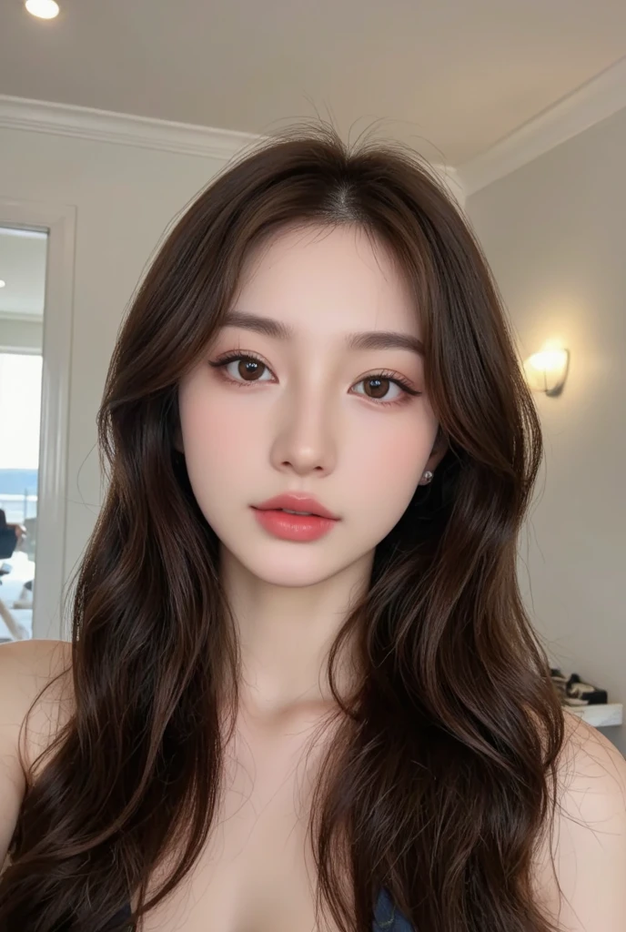 Top quality, RAW Photo, Highest Quality Image, 16K, Full body, Age 22 years old, Realistic, Photorealistic, Beautiful Asian woman, Sexy, body, White pale skin, Beautiful hair, Wavy hair, Brown Hair,, Short hairstyle, Detailed face, Detailed body, Detailed skin, Double eyelids, Big eyes, long eyelashes, bright eyes, green eyes, natural lips, detailed lips, Saggy breasts, Very Small breasts, Flat Breasts, long shape breasts, posing in her car, sunny day light , light through Aspen trees, wearing white shirt, Camera angle from below
