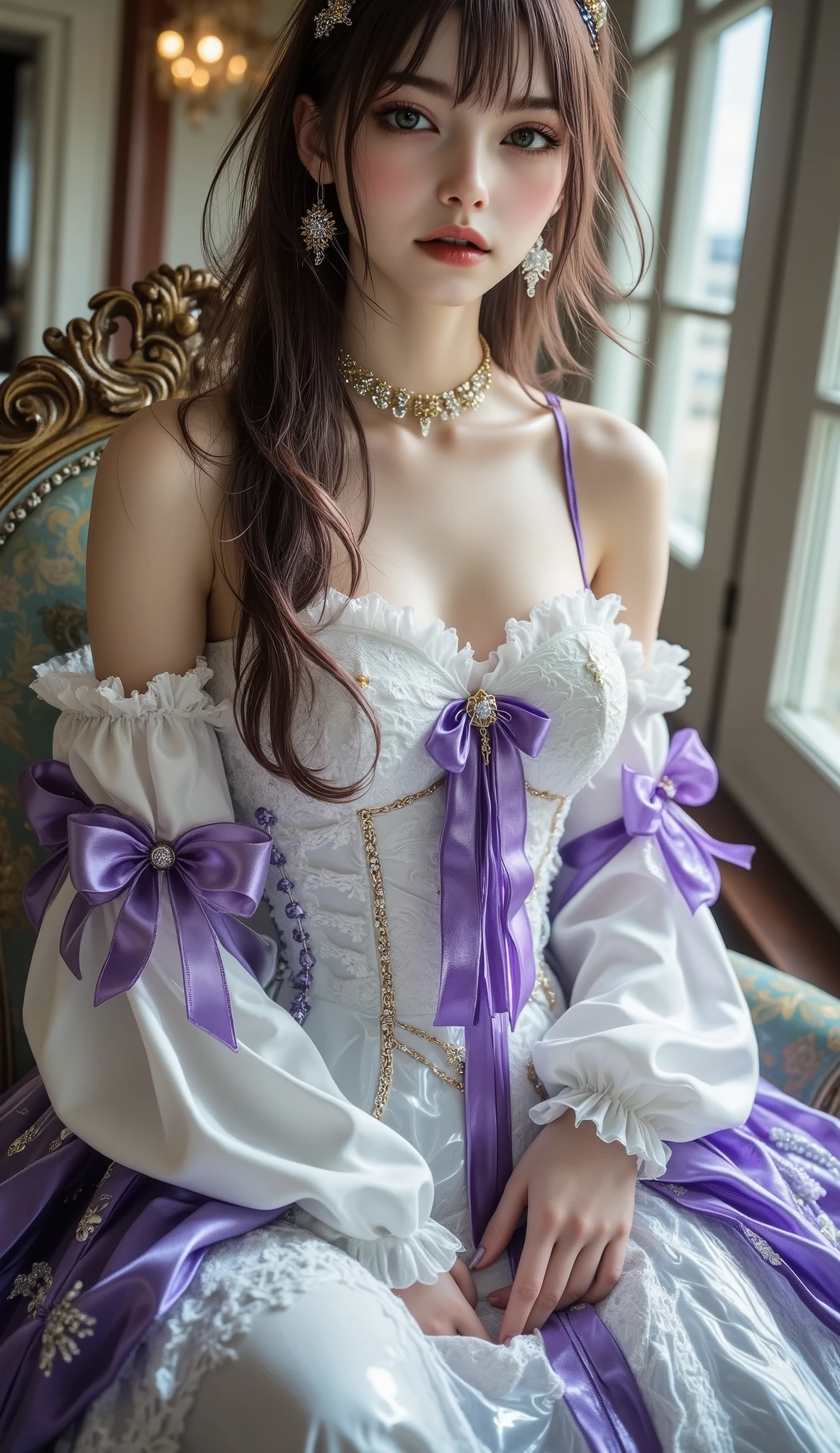  [Style: - "8k, masterpiece, realistic, Photorealistic realism, Hyper high resolution" - "highest quality, intricate ultra-detailed digital art"] (Key Directive: - "The priority is the anatomical accuracy and texture of the materials" - "Ultra-sharp human eyes with biological accuracy") {Character: "a beautiful girl, [((firm and full breasts:1.35))]" | Face: "[[full lips, pink lipstick, intense gaze]]" | Eyes: - "((sharp focus, no blurry eyes, Hyper absurd quality, Hyper details, Hyper realistic green eyes:1.3))" ((full body shot:1.3)),,Marie Antoinette, Sit in an upscale chair, puts his hand on his knee,Please open your mouth slightly,(white,pale,smooth,silky,shiny),long hair, wavy hair, [dress in Baroque style],(palete colors include blue:1.5, and white: 1.22,(Rococo dress with ruffles and long sleeves:1.22), intricately detailed:1.35), ((Now her CURLY HEBAN hair reaches down to her waist. Color gradation of pink and three, pale pink)). Matching earrings, choker with white flowers. ((She wears a pink top with white stripes with ruffles trimmed with gold buttons, white rosebud sleeves:1.25))... (with a purple ribbon flowing from her chest:1.2)..., tied at the back of the neck, matching the chest area, Decorated with flowers. her ruffled skirt is separated by a white line, her dress with a ((large purple ribbon)). Decorated with gold. There is a small ribbon on the back. She was wearing a ((Gold Tiara)) with floral embellishments .,small round head,((anatomically correct)),slim-muscled body,narrow waist, long legs,Long_blue_eyeliner :1.28, red_lipstick:1.35,(perfect dark_eyeshadows:1.45), (super detailed professional makeup on eyes:1.3),(rainbow light :1.48),(Inside Victoria Palace)} (Rendering engine: "Unreal Engine 5 path tracing, 16K texture maps") | The ultra-Highres,Unreal 5,Subsurface scattering,PBR Texturing,Post-Processing,Anisotropic Filtering,depth of fields,Maximum Sharpness and Sharpness,multi-layered texture,Albedo and Specular maps,Surface Shading