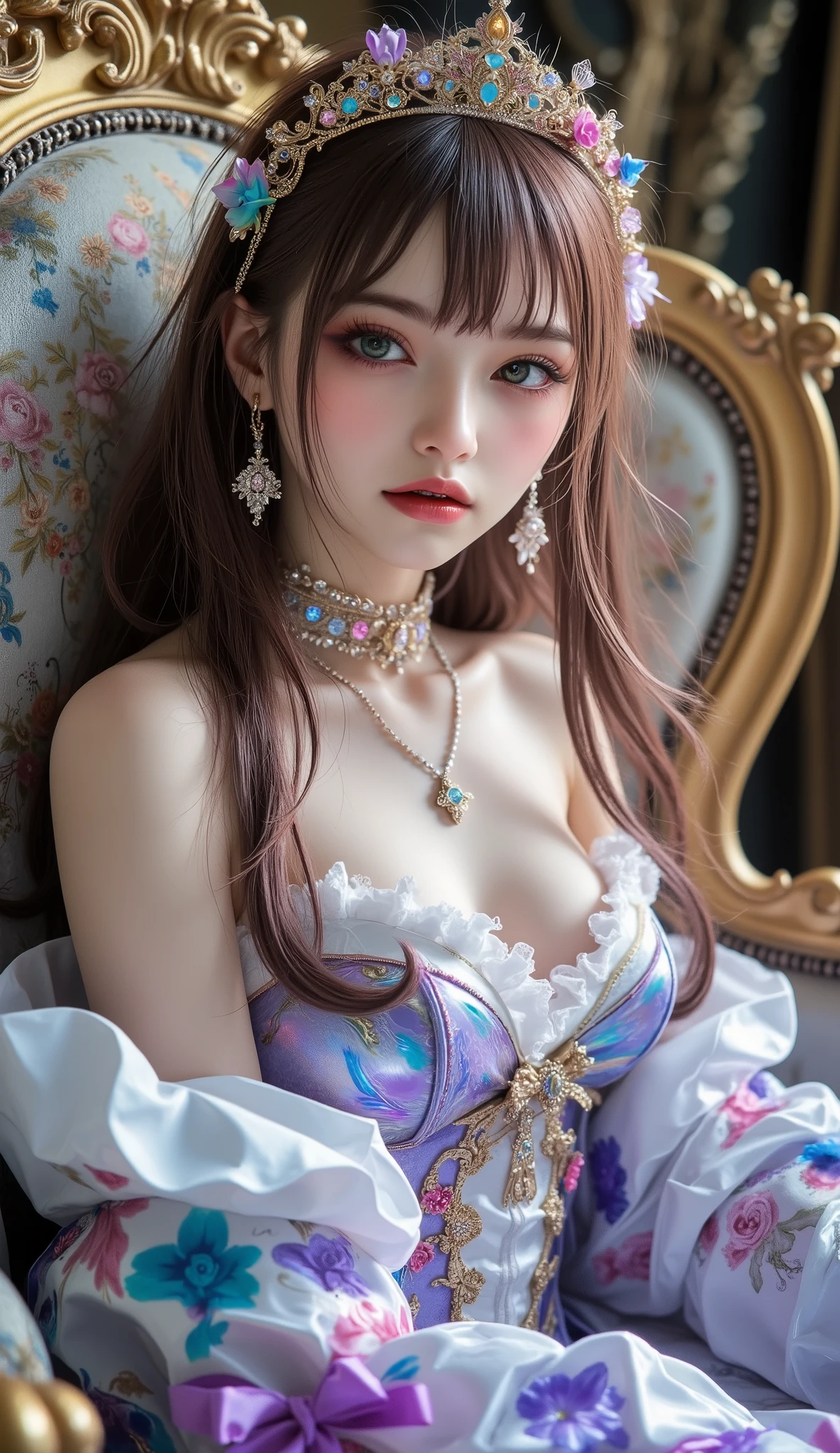  [Style: - "8k, masterpiece, realistic, Photorealistic realism, Hyper high resolution" - "highest quality, intricate ultra-detailed digital art"] (Key Directive: - "The priority is the anatomical accuracy and texture of the materials" - "Ultra-sharp human eyes with biological accuracy") {Character: "a beautiful girl, [((firm and full breasts:1.35))]" | Face: "[[full lips, pink lipstick, intense gaze]]" | Eyes: - "((sharp focus, no blurry eyes, Hyper absurd quality, Hyper details, Hyper realistic green eyes:1.3))" ((full body shot:1.3)),,Marie Antoinette, Sit in an upscale chair, puts his hand on his knee,Please open your mouth slightly,(white,pale,smooth,silky,shiny),long hair, wavy hair, [dress in Baroque style],(palete colors include blue:1.5, and white: 1.22,(Rococo dress with ruffles and long sleeves:1.22), intricately detailed:1.35), ((Now her CURLY HEBAN hair reaches down to her waist. Color gradation of pink and three, pale pink)). Matching earrings, choker with white flowers. ((She wears a pink top with white stripes with ruffles trimmed with gold buttons, white rosebud sleeves:1.25))... (with a purple ribbon flowing from her chest:1.2)..., tied at the back of the neck, matching the chest area, Decorated with flowers. her ruffled skirt is separated by a white line, her dress with a ((large purple ribbon)). Decorated with gold. There is a small ribbon on the back. She was wearing a ((Gold Tiara)) with floral embellishments .,small round head,((anatomically correct)),slim-muscled body,narrow waist, long legs,Long_blue_eyeliner :1.28, red_lipstick:1.35,(perfect dark_eyeshadows:1.45), (super detailed professional makeup on eyes:1.3),(rainbow light :1.48),(Inside Victoria Palace)} (Rendering engine: "Unreal Engine 5 path tracing, 16K texture maps") | The ultra-Highres,Unreal 5,Subsurface scattering,PBR Texturing,Post-Processing,Anisotropic Filtering,depth of fields,Maximum Sharpness and Sharpness,multi-layered texture,Albedo and Specular maps,Surface Shading