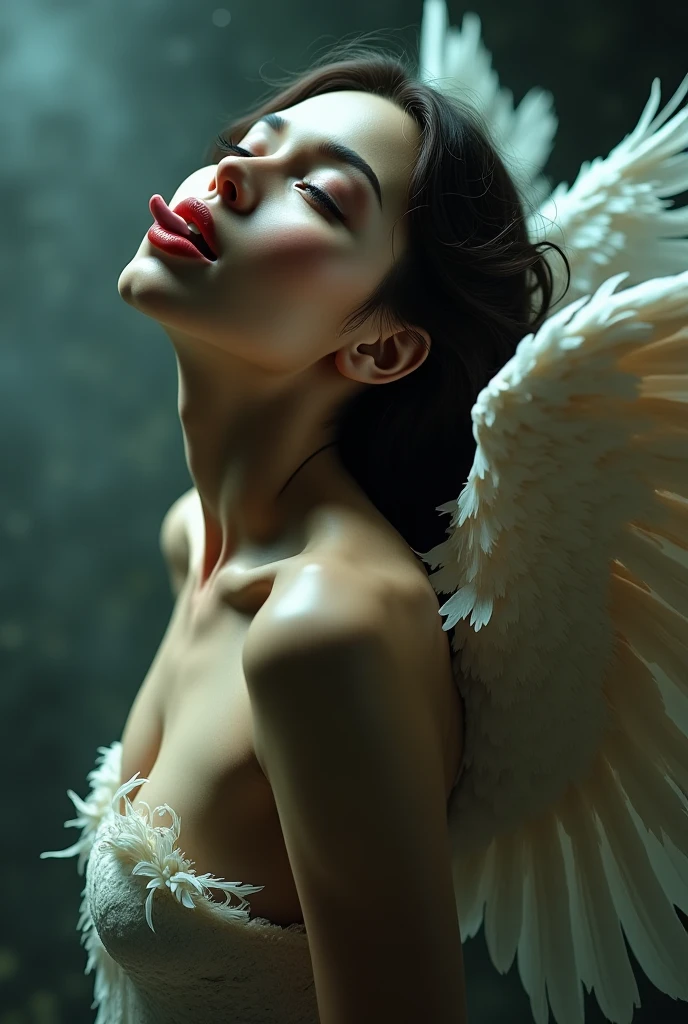 There is ugliness in beauty, but there is also beauty in ugliness. In the style of Stefan Gesell, Adrian ghenie, esao andrews, jenny Saville, Edward hopper, surrealism, dark art by James jean, An angel who represents all the misery of humanity she is distraught Her eyes look to the ground. Her tears of blood spill onto the ground The angel's wings Details Image Perfect pose. Dynamic pose. Organic. Energetic. Volumetric light. Hyperrealism. Surrealism. Fantasy. Admirable. I don't want any jewellery. Flawless beauty. Rare beauty. Mysterious. A masterpiece of small details. Precise focus. Ultra-detailed. Perfect synchronisation of soft and vivid colours. 60-30-10 rule. The image must have a mysterious look and an incredible masterpiece quality. Ultra-detailed. Soft palette. Transition from one tone to another. Super detail. Attention to detail. Ultra-fine details that capture every texture. The macro must provide detail. Very detailed texture. Realistic texture. Luxurious detail. It must be absolutely perfect. Cinematic effects must be applied. The proportions of the objects must match the screen's aspect ratio. The format must be UHD (ultra high definition). 3D. Hdr. High quality. Ultra HD 32k, ultra realistic. Fuji 35 mm film.