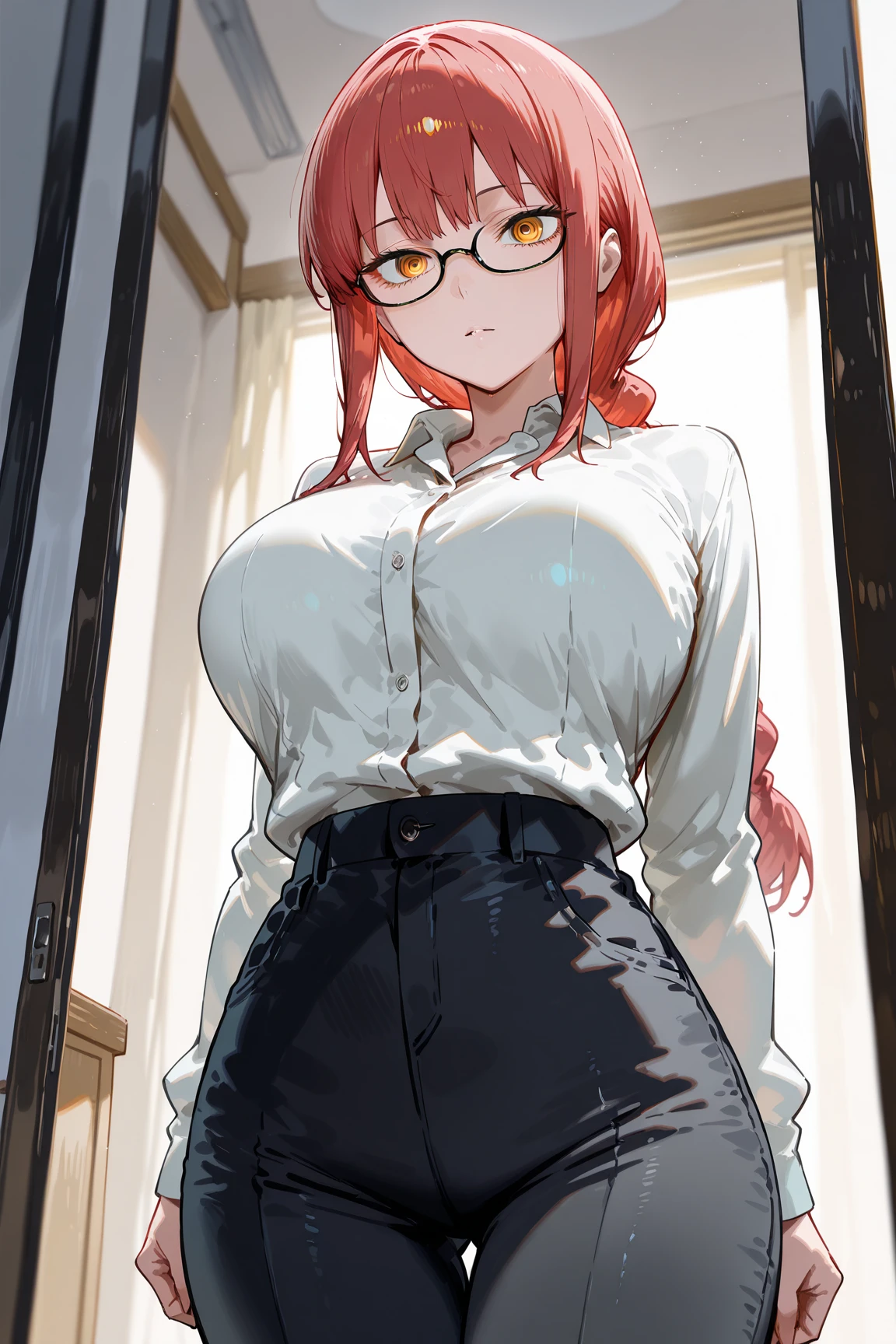 19 year old girl, short, redhead, use glasses, big breasts, in a swimsuit 
