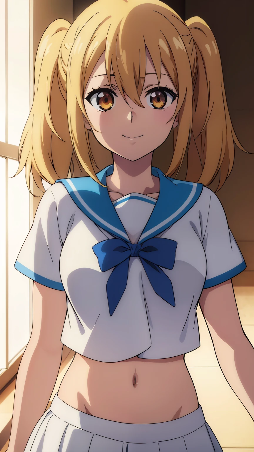 (highest quality, 8k, High resolution, masterpiece:1.2), Anime art style, Hair between the eyes, Medium Hair, 1 girl, Perfect Face, eye_Light_big,Small medium breast, Blonde girl, twintails, white skirt, white sailor shirt, tight shirt, midriff, navel, belly button, groin, smile