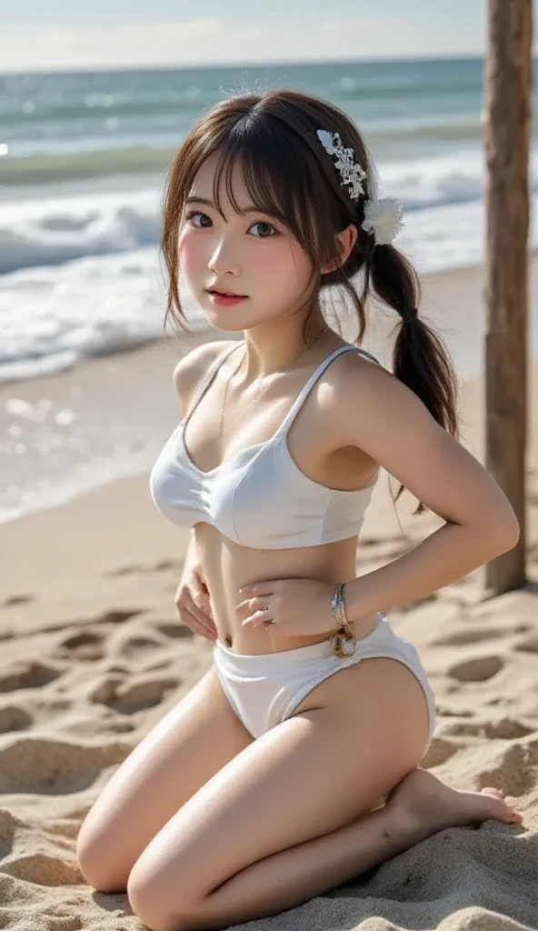 ((A very thin beige bikini that fits small breasts perfectly))、((A very thin beige bikini that fits small breasts perfectly))、Bold sexy pose、Beach、Tabletop、Highest quality、shape、 Very detailed、finely、 High resolution、8k wallpaper、完璧なダイナミックな構shape、Turn around and show me your ass、Cute 10 year old girl、Beautiful face in every detail、finelyて可愛い目、Rough skin、Cute Hairstyles、A modest smile、((A very thin beige bikini that fits small breasts perfectly))、Bold sexy pose、Beach、