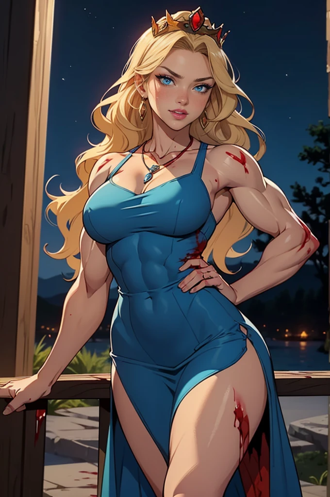 (best quality, masterpiece:1.2) full body image of a white skin girl as Katheryn Winnick with a huge muscular body, beautiful detailed blue eyes, full lips, long flowing hair, dressed in a string bikini. She has thick thighs, wide hips, and is standing in a track field. The girl is sweaty and wet, with water droplets glistening on her skin. The overall image should have a realistic and vivid color palette, with studio lighting emphasizing the girl's very muscular physique.