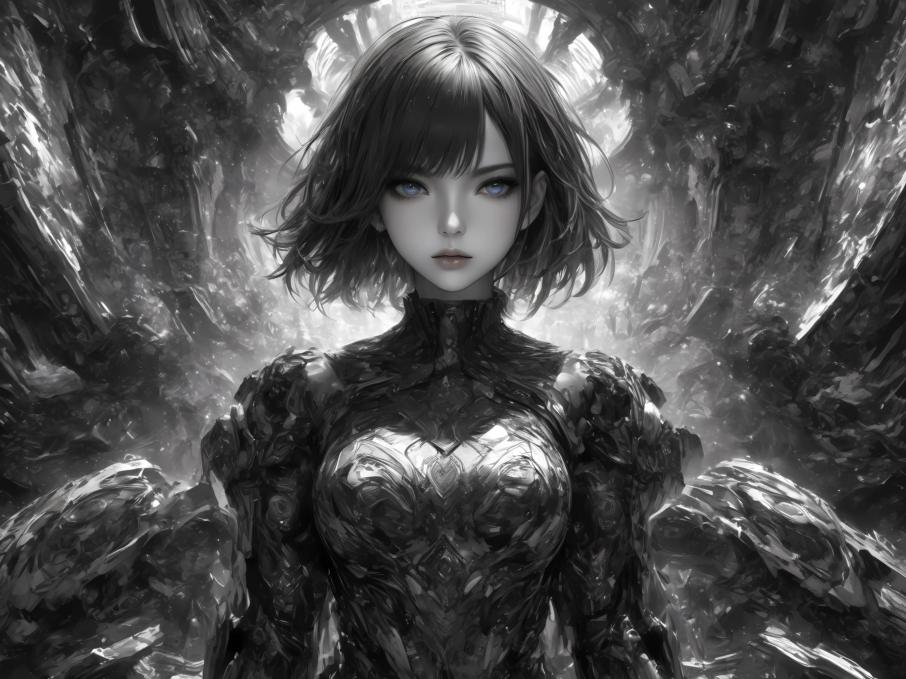 solo,cool persuit style woman\(very complex armor,2 tone color,cool complexity huge weapon,sharp dark blue eyes,short hair,black hair, arms, standing, Dignified posture,look viewer\),background is monochrome Geometric patterns,(ultra-Details,intricate art work,detailed illustration,hand written sketch,HDR,8k,masterpiece,best quality)