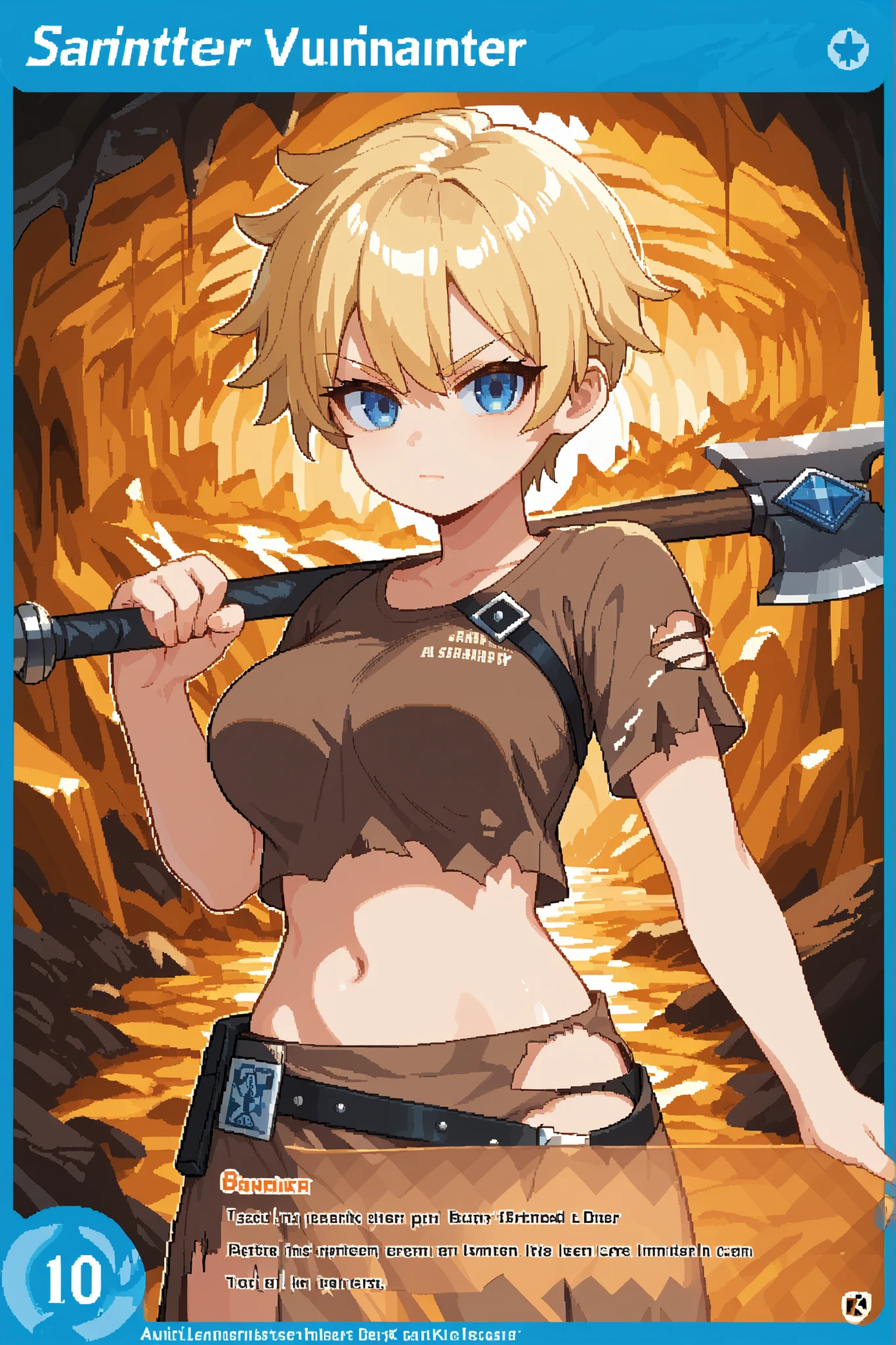 score_9, score_8_up, score_7_up, source_anime, solo, pixel art, tr4dingcard, card (medium), english_text, N, trading_card, white_trade_card_frames, 1girl, solo, young BREAK tomboy
Large breasts, blonde hair, pixie hair cut, very short hair, messy hair, blue eyes BREAK
Viking warrior clothes, brown shirt, torn sleeves, short sleeves, midriff, torn skirt BREAK
Standing, looking at viewer, closed mouth, portrait, cave interior, (yellow cave), stalactite, rocks, holding axe, dynamic pose, (upper body)